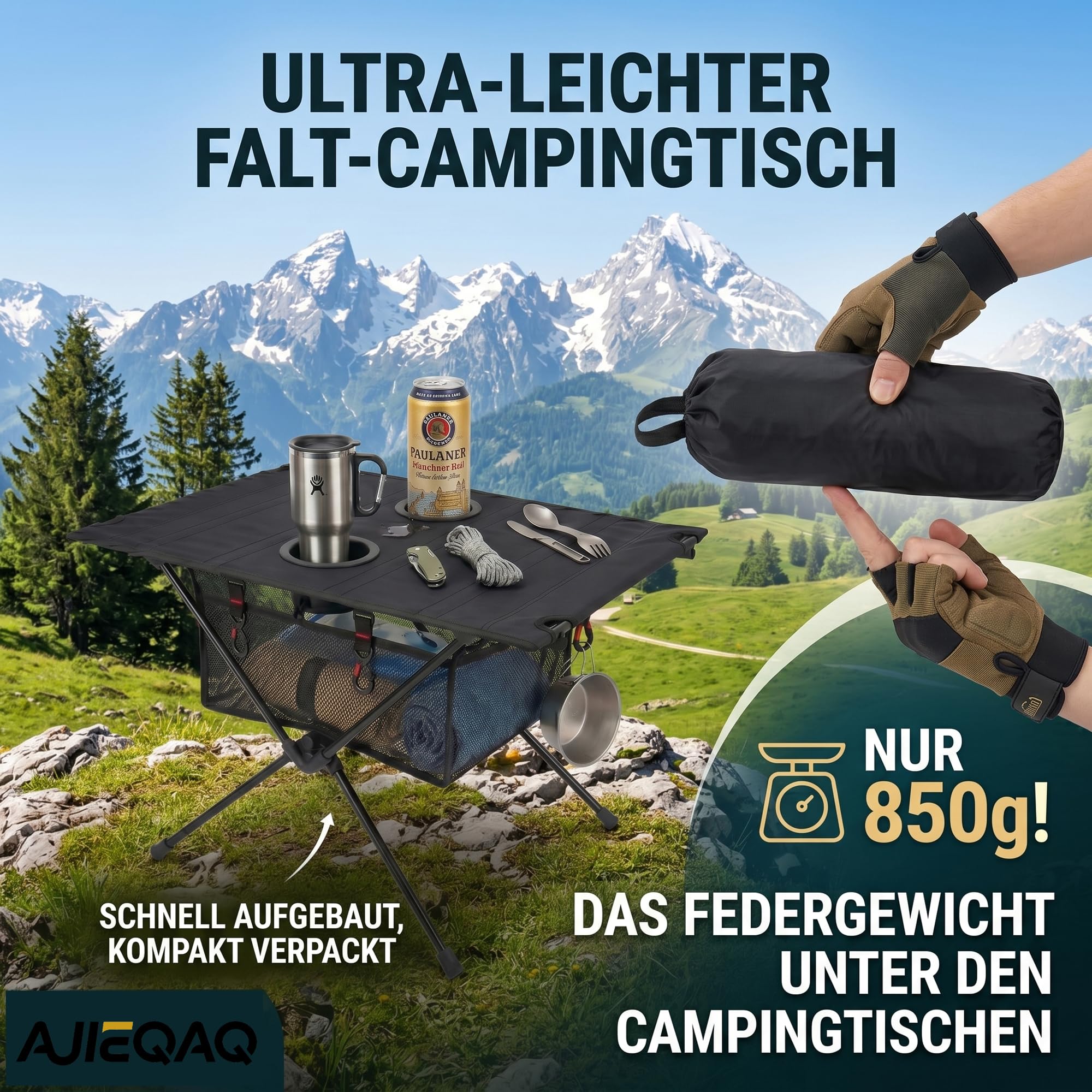 Campingtisch Klappbar Aluminium, Schwarz, 60x39x37cm | Ultraleicht, Taktisch, Aufbewahrungsnetz & 4 Haken, Tragbar, Für Camping, Picknick, Angeln, Grillen