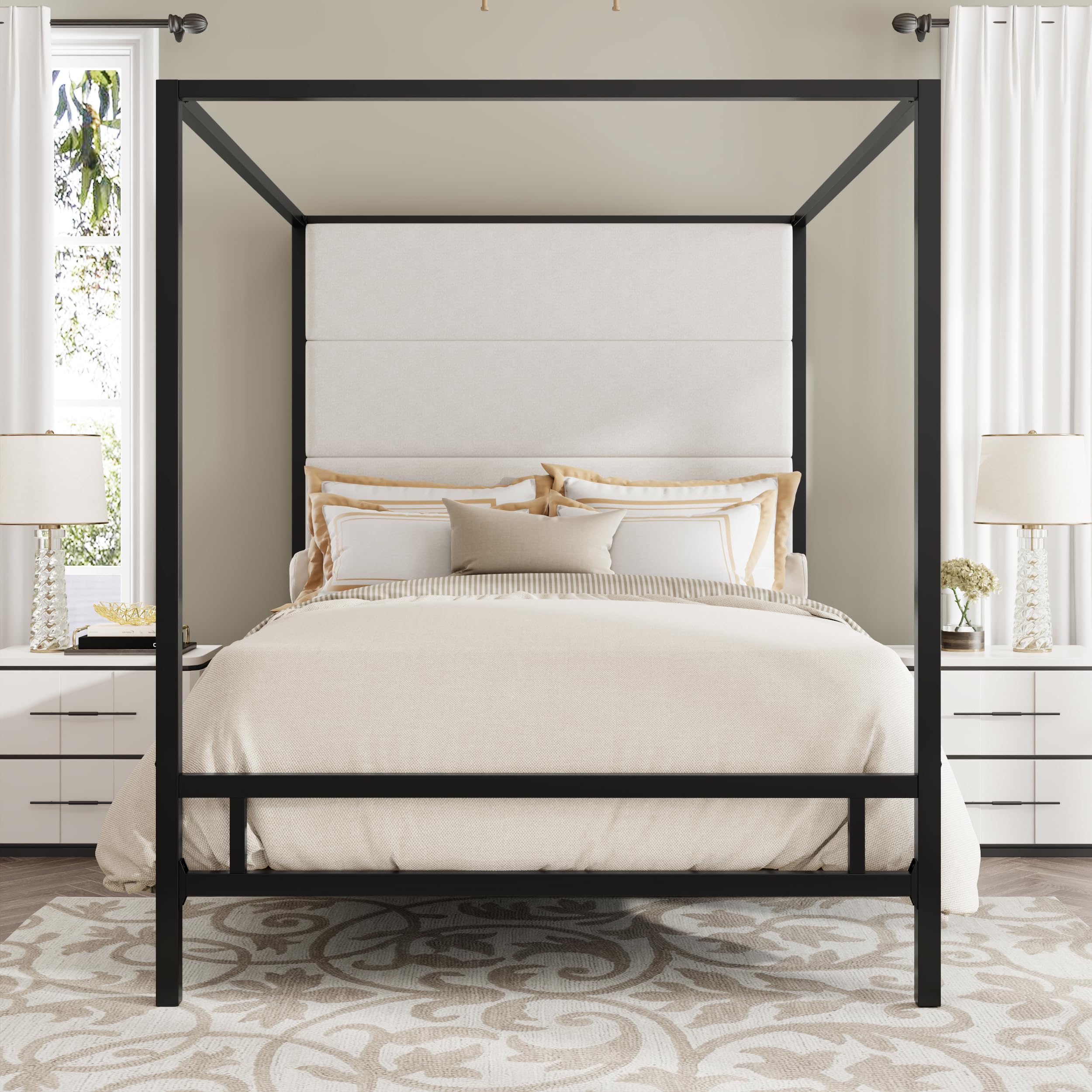 LUMISOL Queen Size Canopy Bed with Tall Velvet Fabric Upholstered Headboard, Metal 4-Poster Bed Canopy Bed Frame, Queen Canopy Platform Bed Metal, Box Spring Needed, Black