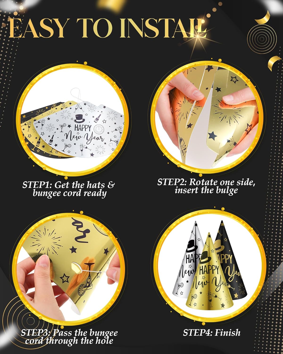 Wettarn 144 Pcs New Years Eve Party Supplies Happy New Year Cone Hats Black Silver and Gold Tiaras Squawkers Leis for 48 Guests Newyear Celebration Gift Party Favors Accessories