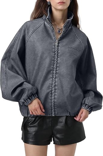 Bakyarder Womens Bomber Faux Leather Jacket Vintage Distressed Zip Up Streetwear Coat, Outerwear for Fall Outfit