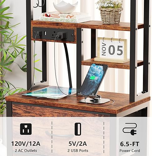Miniatura 6 de Furnulem Mesita de noche alta, mesita de noche LED con estación de carga y puertos USB, 4 cajones de tela y estante de almacenamiento de 4 niveles,