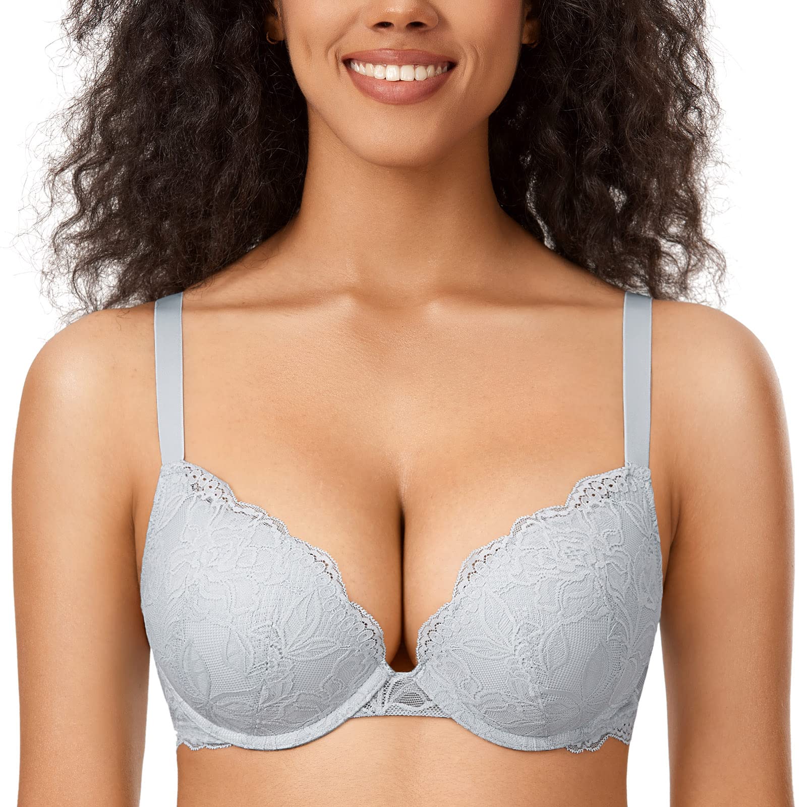 DOBREVA Damen Push Up BH Mit Spitze Gepolstert Plunge Bügel Vollschalen BHS Gemoldete Cups Opalgrau 80D