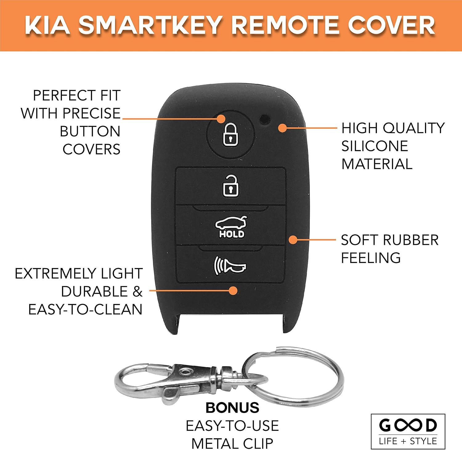 Good Life+Style 2 pcs Compatible with KIA Smart Key Fob Covers for Keyless Remote with Snap Hooks | Key Fob Protector Cases for 2014 2015 2016 2017 2018 2019 Optima Rio Sedona Sorento Soul Sportage