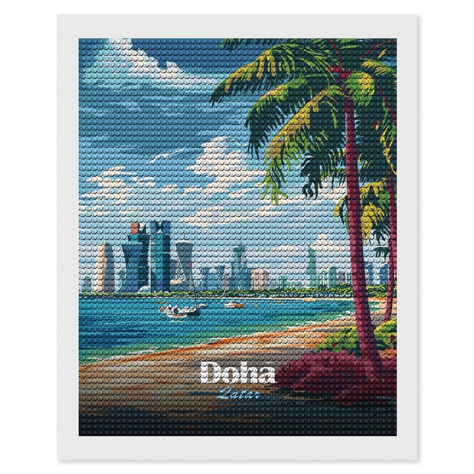 Junmoney Doha, Qatar Beach and Skyline DIY Diamond Art Canvas Kit 16"x20", for Teens, Aesthetic Room Decor, Farmhouse Decor, Canvas Picture, Birthday Gift