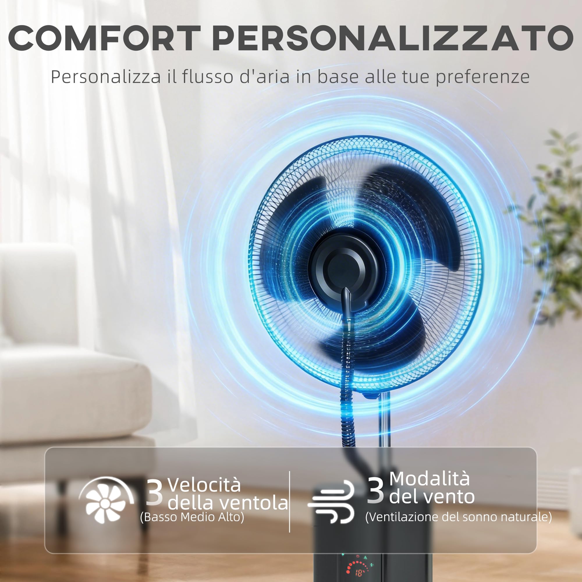 HOMCOM Ventilatore Nebulizzatore Serbatoio 1.5L, Ionizzatore, 3 Modalità, 3 Velocità, Ventilatore a Piantana, Ruote, Oscillazione 120° Inclinazione 20°, Timer 9h, Display LED, Telecomando, 100W, 130cm
