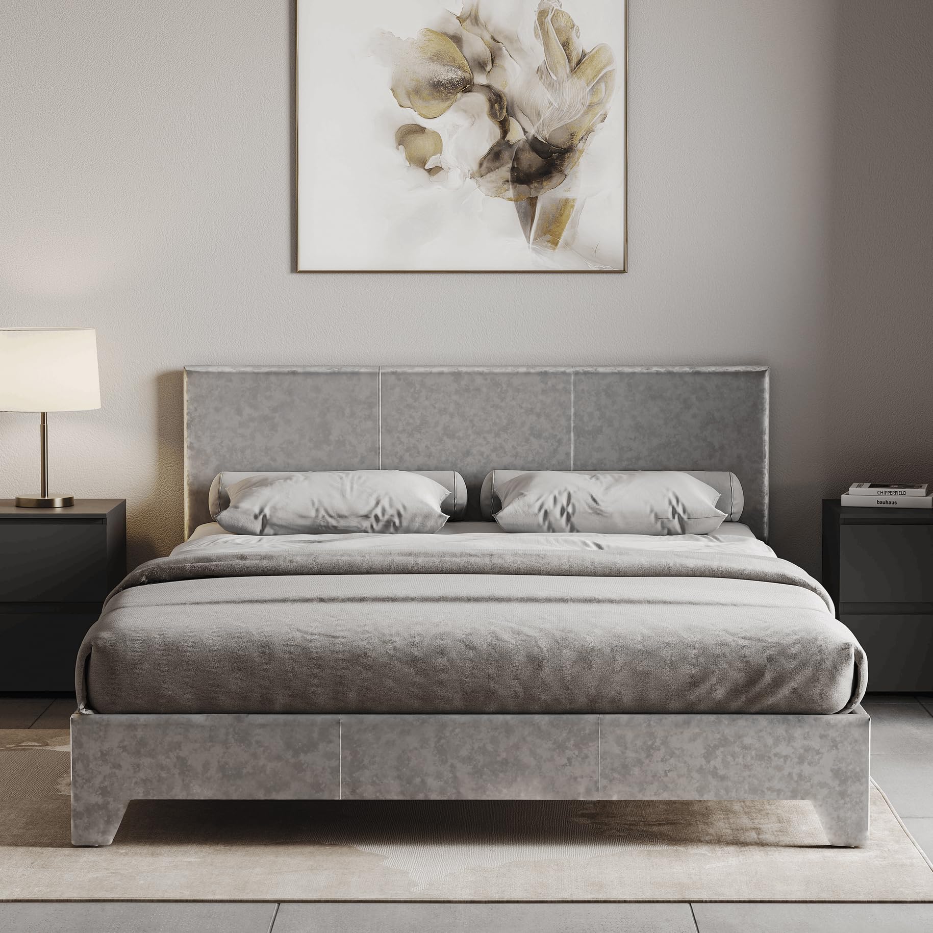 Vida Designs Victoria Double Bed Frame with Mattress | Silver Velvet | 77 H x 142 W x 197 D cm | Upholstered Fabric | Cushion Headboard | Easy Assembly | Slat Support | Premium Bedroom Furniture — image 1