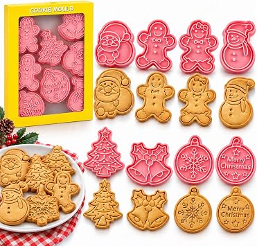 8-Piece 3D Christmas Cookie Cutter Set, Pressable Plastic Fondant Molds | Gingerbread man, tree, snowman, Santa, bell and snowflake shapes
