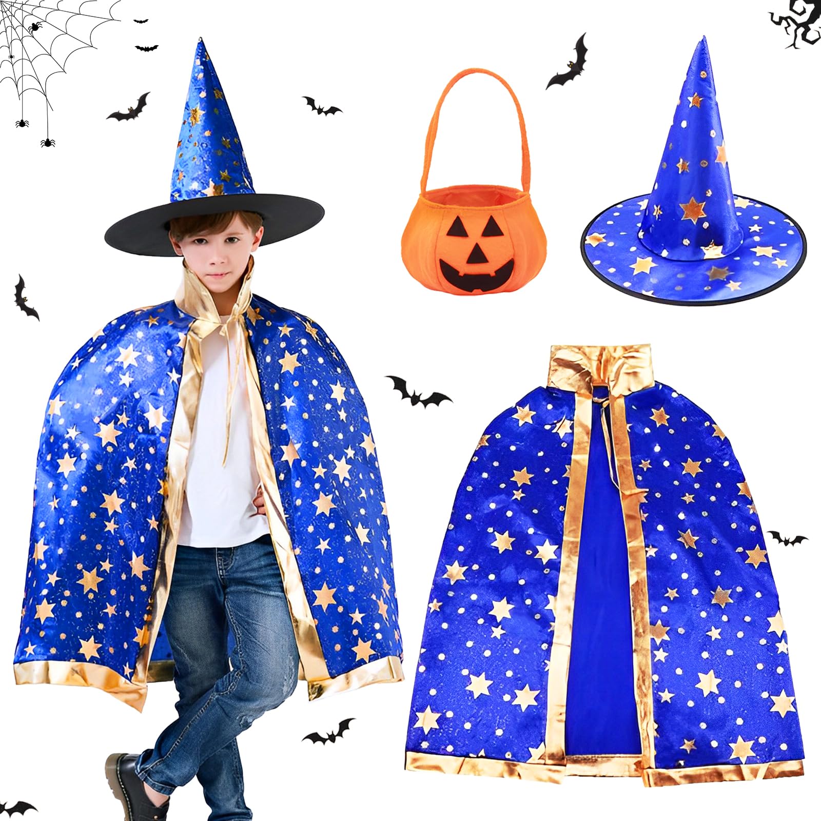 Costume Sorcier Halloween YINENGD - Cape Avec Chapeau Et Sac à Bonbons Citrouille - Cosplay Garçon Fille, Déguisement Fête