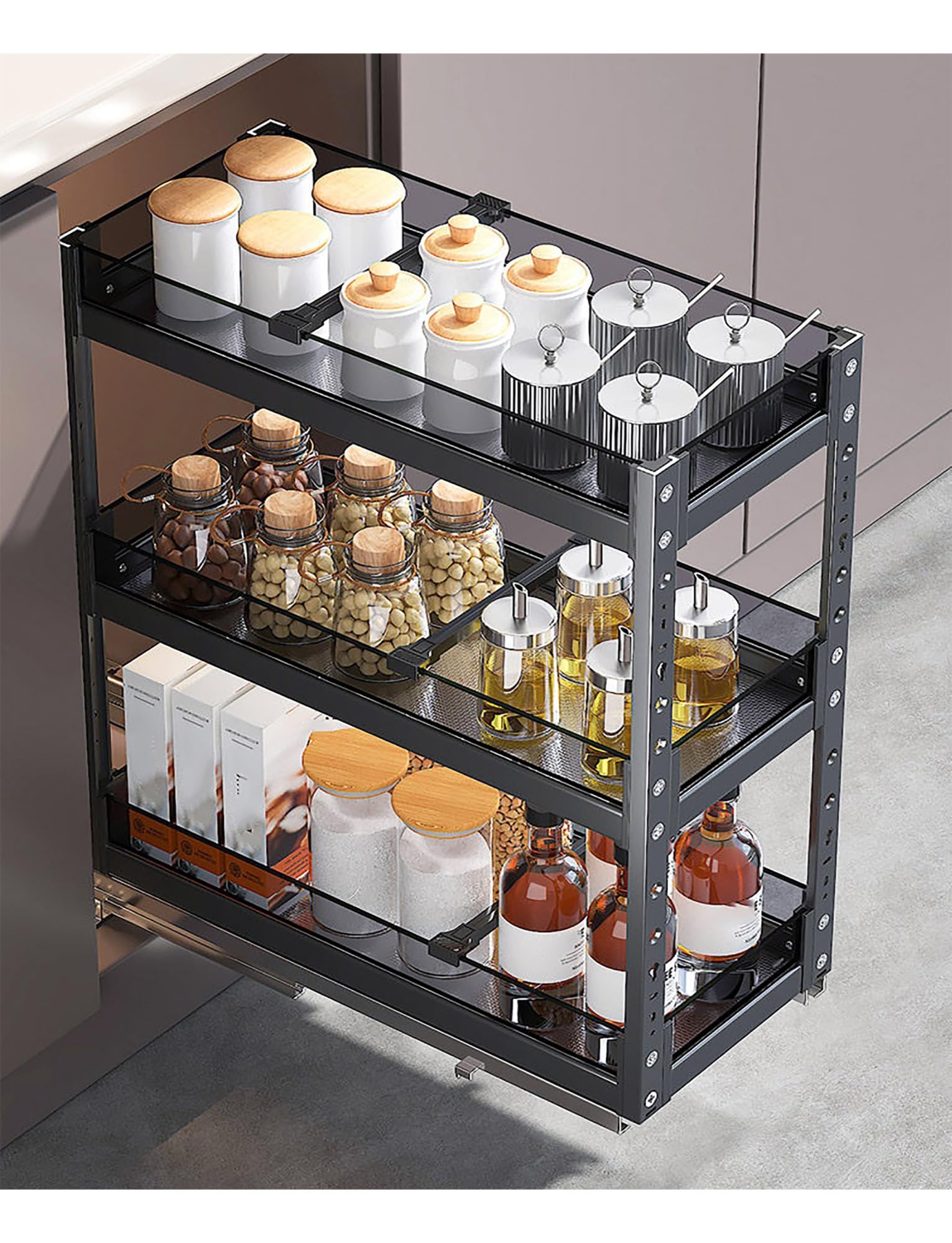 Étagère à épices coulissante – Panier étroit à 2/3 niveaux pour assaisonnement, condiments et épices de cuisine