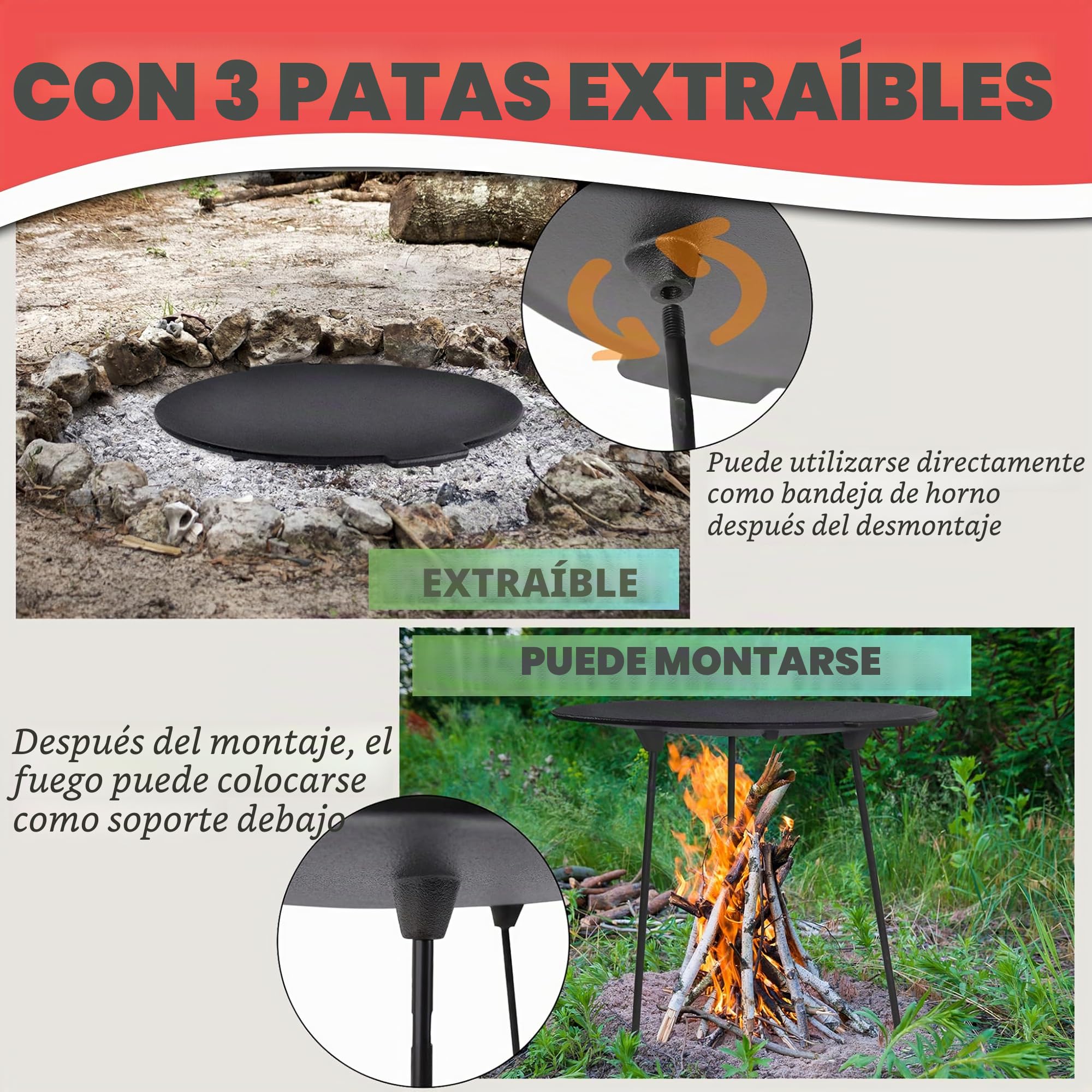 Froadp Plancha Estera para Barbacoa de Camping de Hierro Fundido Alfombrilla para Parrilla de Gas o Carbón con 3 Patas y Bolsa de Almacenamiento Barbacoa Accesoriospara Fiesta en Jardín (Ø45cm)