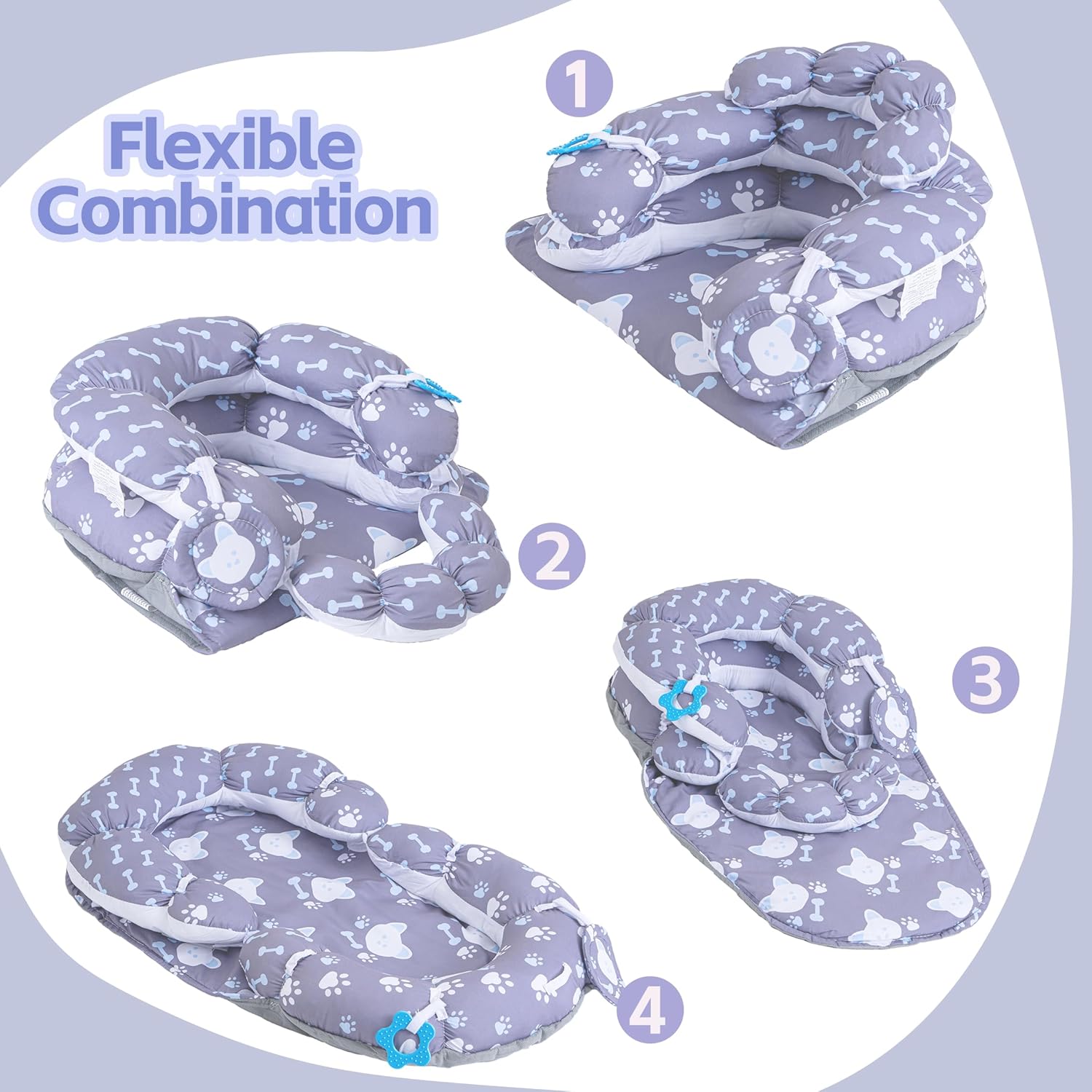 Tummy Time Mat & Seated Support Pillow, Baby Tummy Time Playmat for Newborns, with Detachable Support Pillow and Toys (Gray) - Image 3