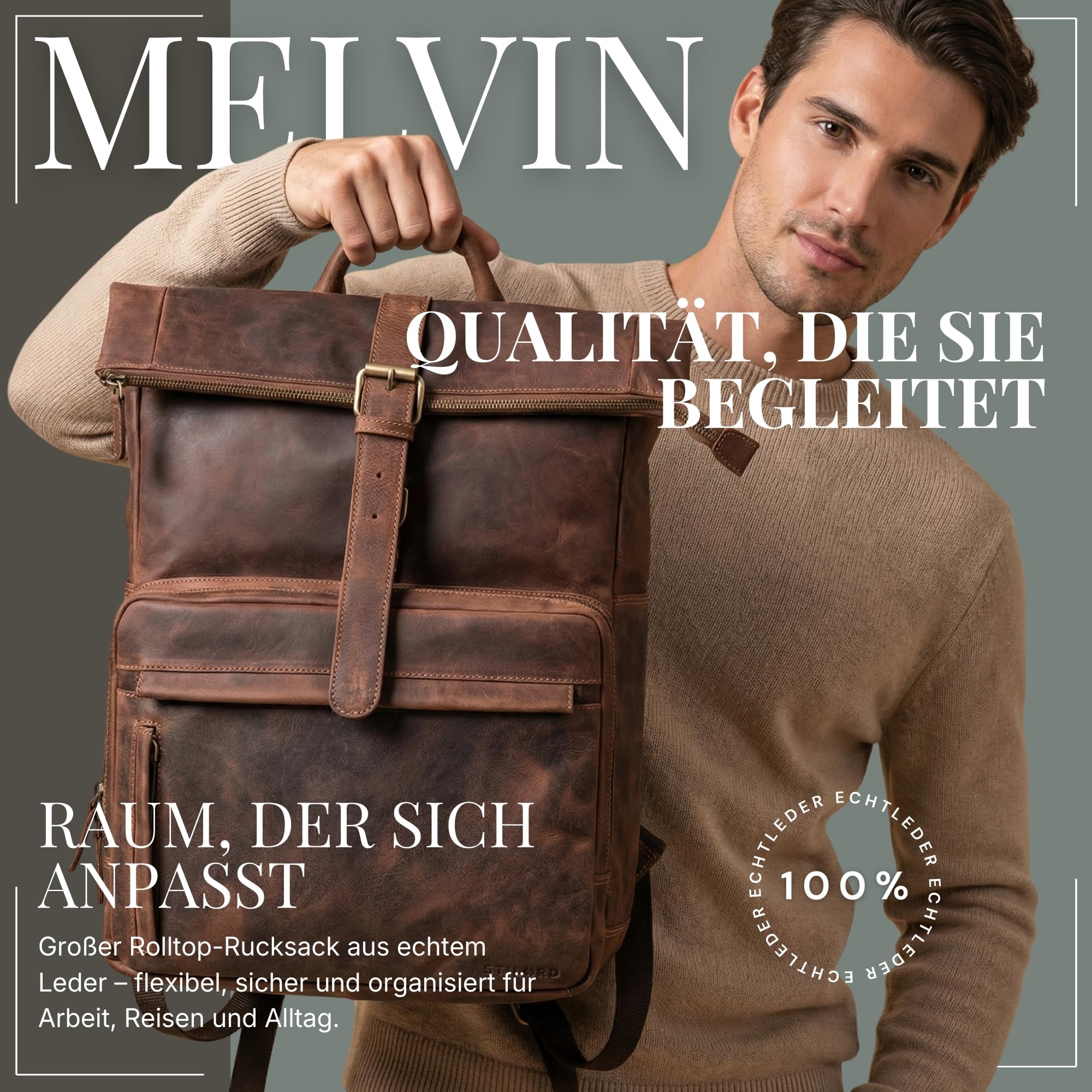 STILORD Melvin Zaino Rolltop in Pelle con Scomparto Laptop 16-17 Pollici - Porta PC da Bici - Bagaglio a Mano per Uomo e Donna