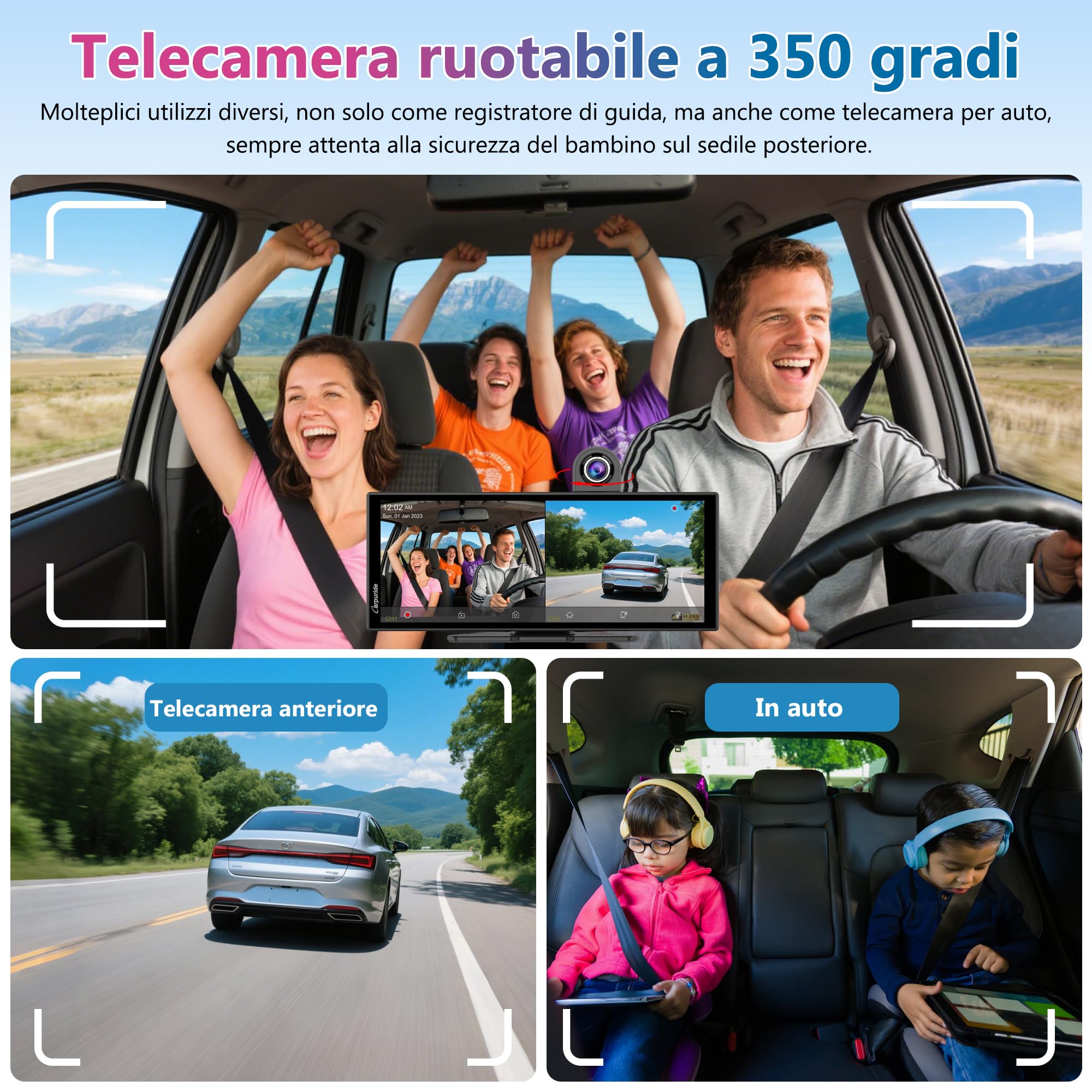 Carpuride W125A Schermo con CarPlay e Android Auto con Dash Cam | IPS HD da 11,26", Telecam Anteriore 4K + Telecam Posteriore 1080P, Registrazione in Loop,Audio Bluetooth,GPS,Siri,Mirror Link