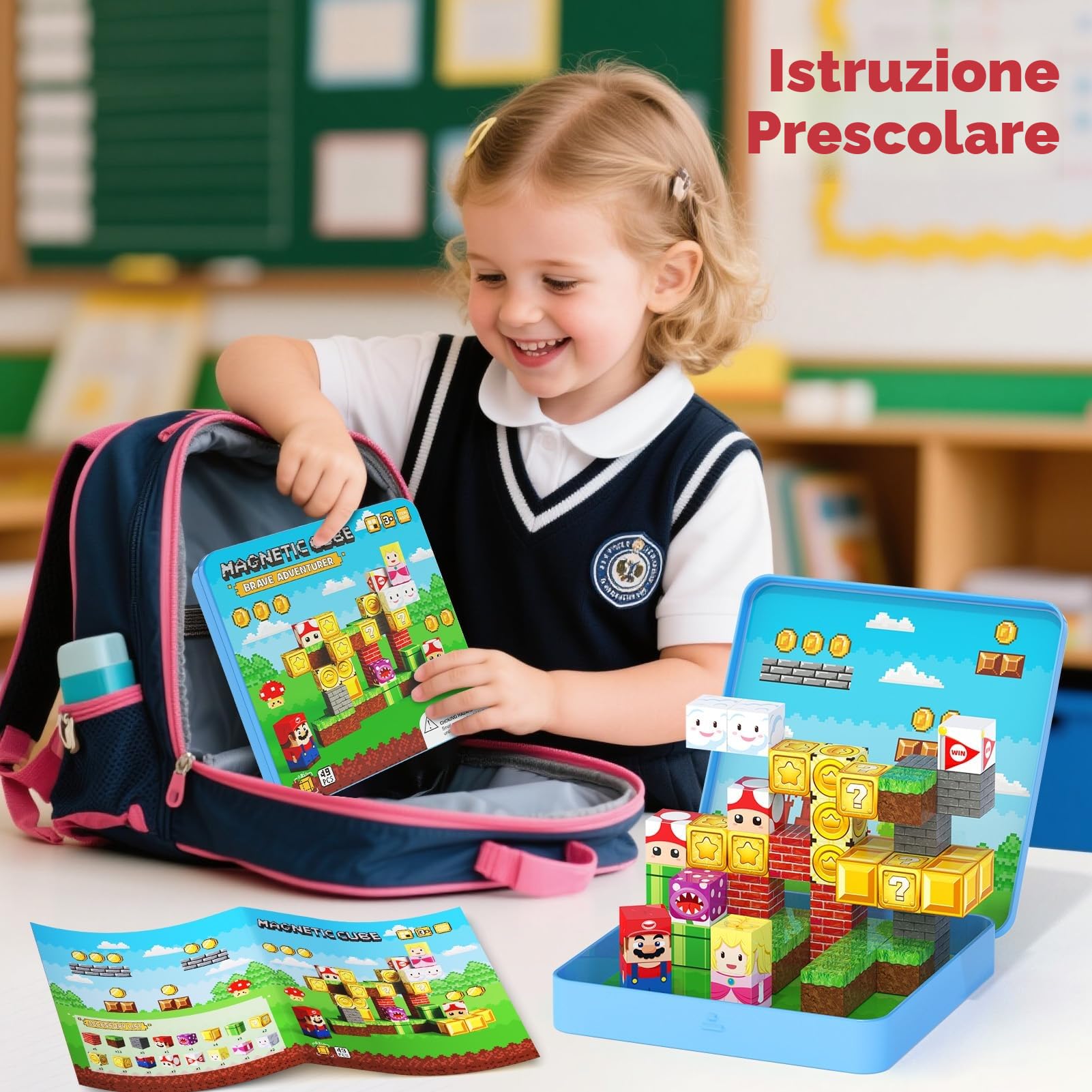 Set di giochi da viaggio a blocchi magnetici, gioco cubo di costruzione magnetica da viaggio 49PCS per bambini dai 3 anni in su, costruzioni STEM che impilano giocattoli magnetici