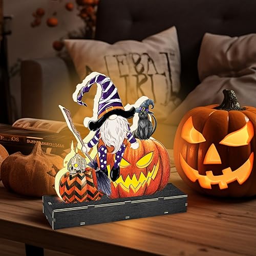 Miniatura 5 de Decoraciones de Halloween para mesa, decoración de mesa de calabaza de bruja iluminada de madera, funciona con pilas, decoración de mesa de