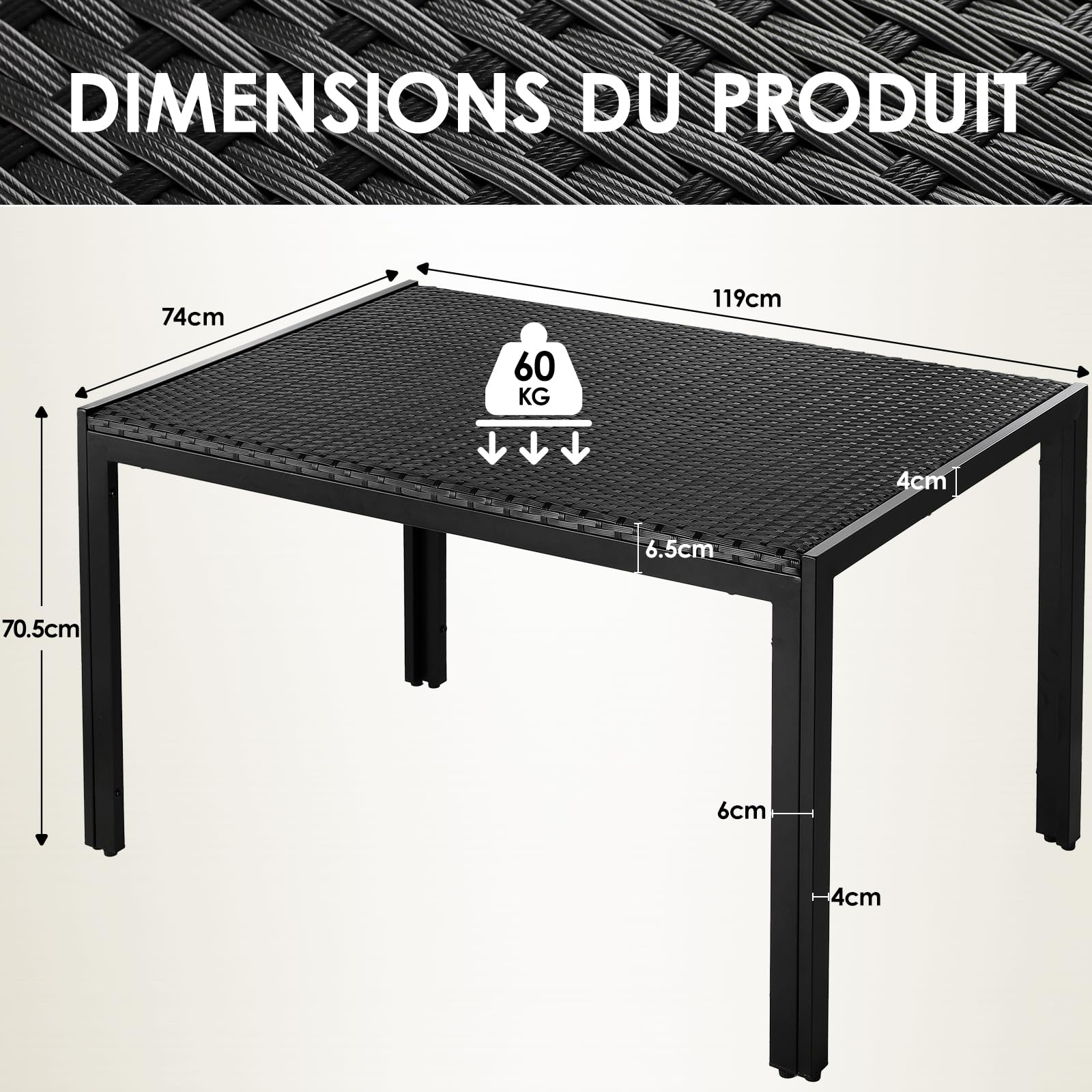 LIFERUN Table de Jardin 6 Personnes Rectangulaire en PE Rattan, 119 x 74 cm | Table en Métal pour Salle et Balcon, Résistante aux Intempéries, Plateau Spacieux, pour Terrasse, Extérieur/Intérieur (Noir)