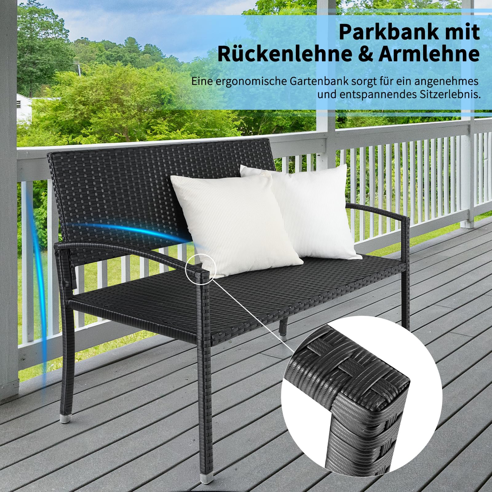 LIFERUN Gartenbank Rattan, Polyrattan Sitzbank Wetterfest, 2 Sitzer Balkon Bank, 320kg Belastbar, 122x60x85cm, Gemütliche Gartenmöbel Bank, Parkbank, Einseitiges Rattan, Sitzbank Outdoor, Schwarz