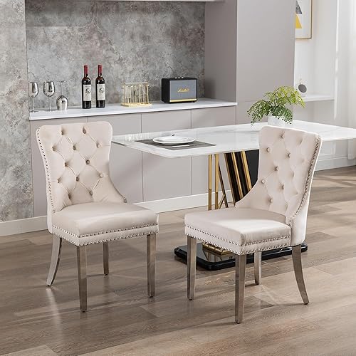 Miniatura 43 de Juego de 2 sillas de comedor, sillas de terciopelo copetudas con patas de acero inoxidable doradas, anillo de metal con ribete de remache, respaldo