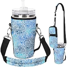 AUPET 30/20/14 oz Water Bottle Holder Carrier Bag for Stanley Flowstate IceFlow Yeti Tumbler, Cup Accessories Sleeve Sling with Phone Pouch & Strap Fits Paisley Flower and 30 oz Tumbler