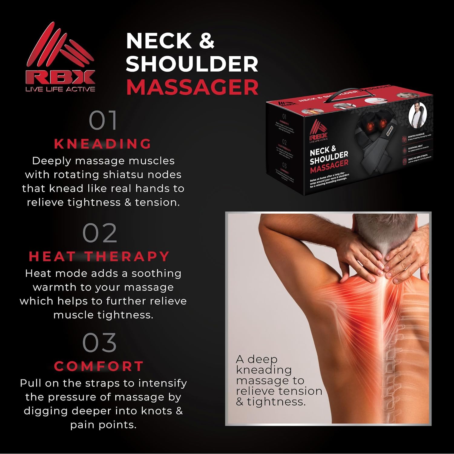 Diagram showing Kneading, Heat Therapy, and Comfort features of the RBX Neck and Shoulder Massager