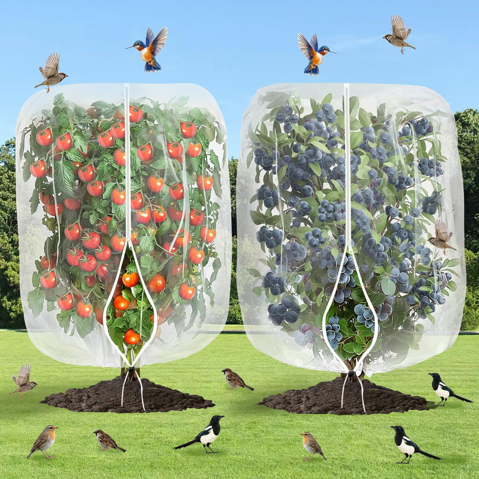 Fruit Tree Netting Bird Insect Protection Bags-2Pcs Large Fine Mesh 1.2 * 1 m Cherry Plant Net with Drawstring Protect Covers Bag Blueberry Bush Flower Bird Barrier Netting Plant Garden Protector — image 1