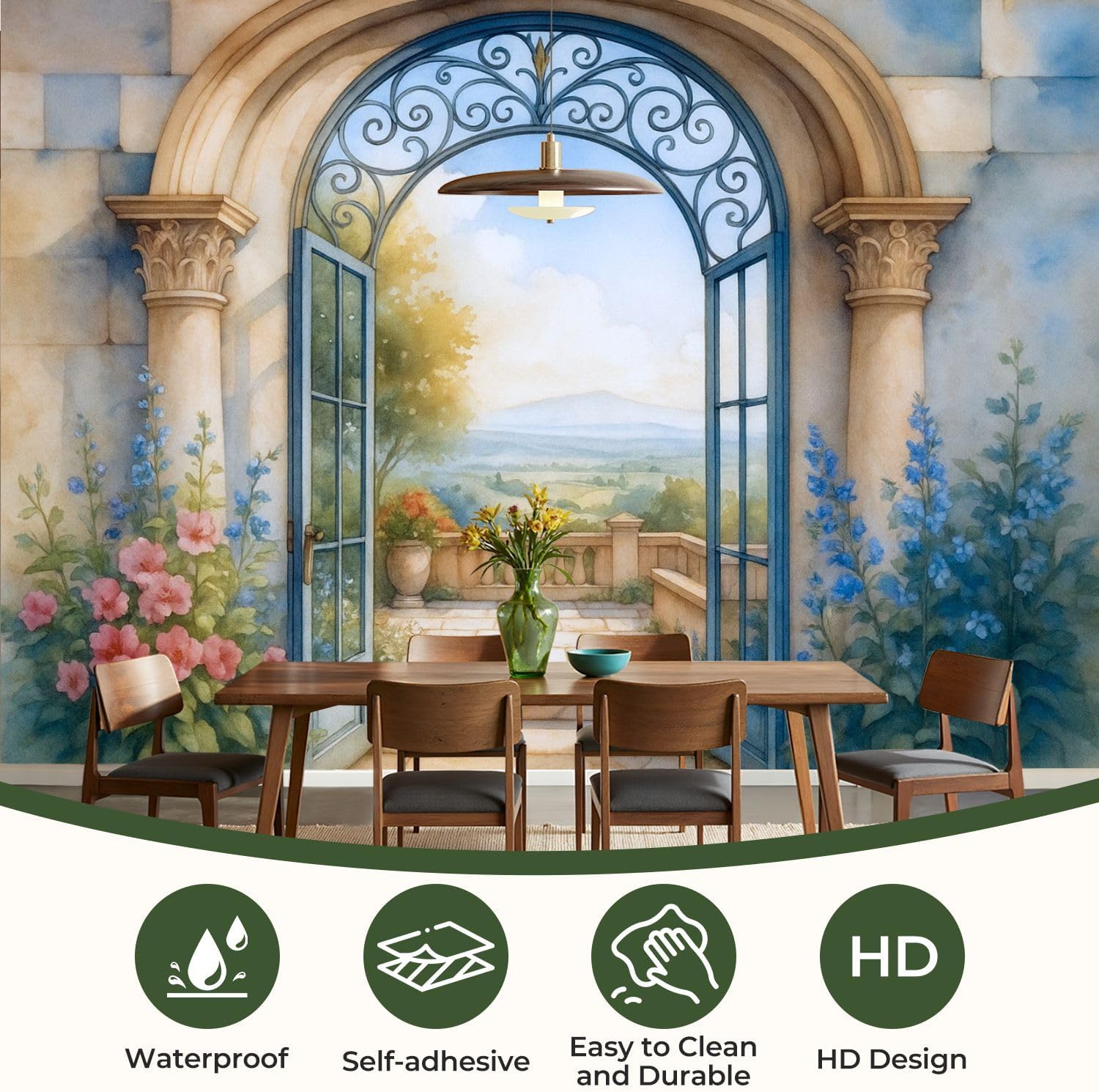 69"x98" Hallway Wall Mural Peel and Stick Wallpaper Watercolor Painting Mediterranean Archway Open Doors to Wall Decor Self Adhesive Removable Wall Stickers for Bedroom Living Room
