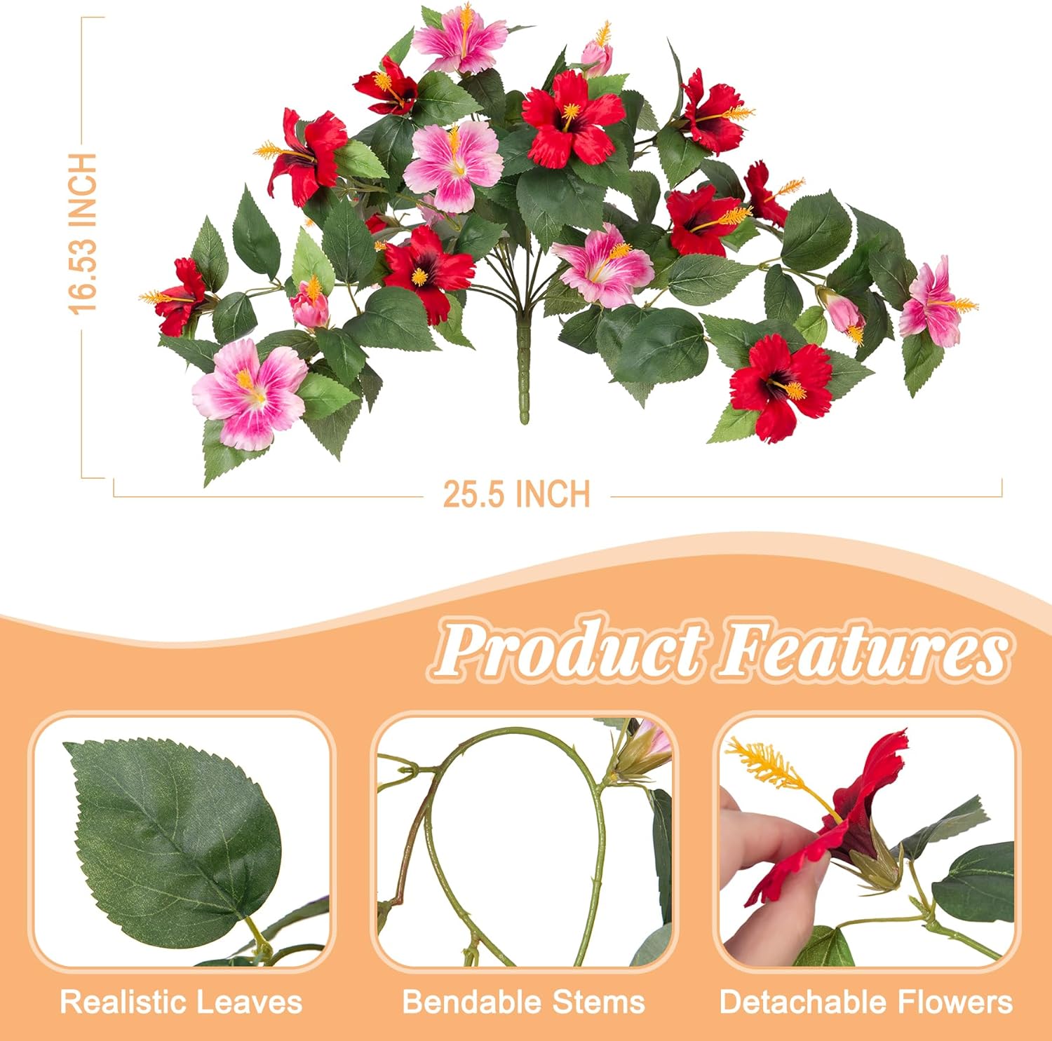Hrobek Artificial Fake Flowers for Outdoors Decoration, 2PCS Faux Hibiscus Flowers for Outside Planters，Realistic Silk Plants with UV Resistant No Fade for Home Porch Garden Balcony Yard Decor
