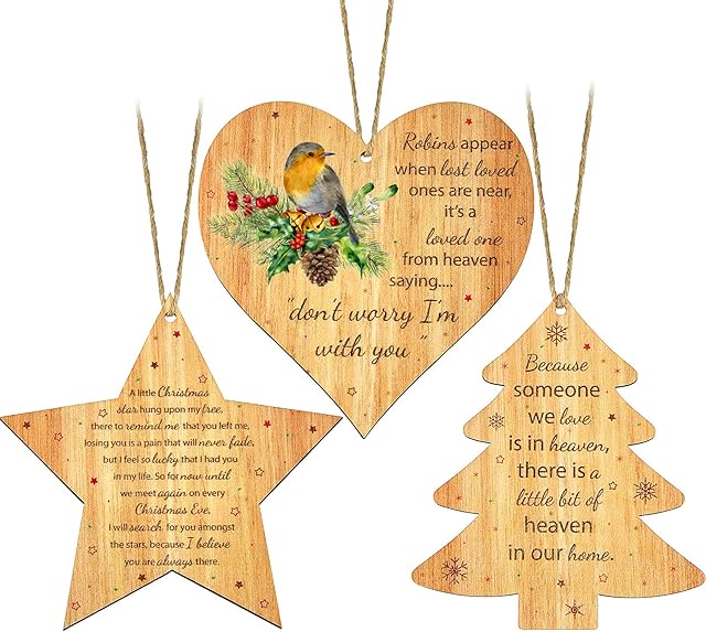 Yalikop 3 Pieces Memorial Wood Christmas Ornaments Tree Star Heart Shape Baubles in Heaven Wooden Hanging Decorations for Xmas Decors, Styles