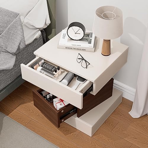 Miniatura 2 de Mesita de noche, mesita de noche de nogal con luz LED y cajones, moderna mesita de noche y mesa auxiliar para dormitorio, sala de estar o