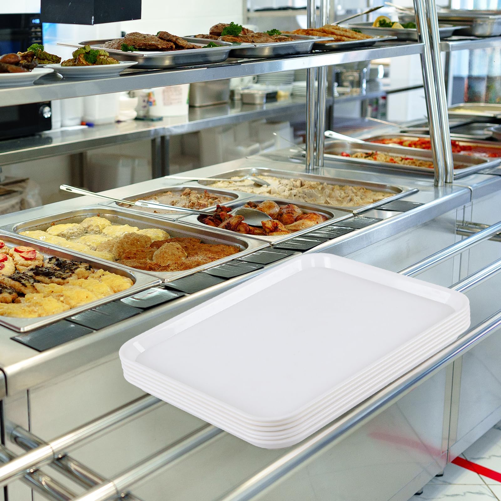 Confezione da 6 vassoi rettangolari in plastica per caffetteria, 43 x 33,5 cm, vassoio da portata per fast food, bianco