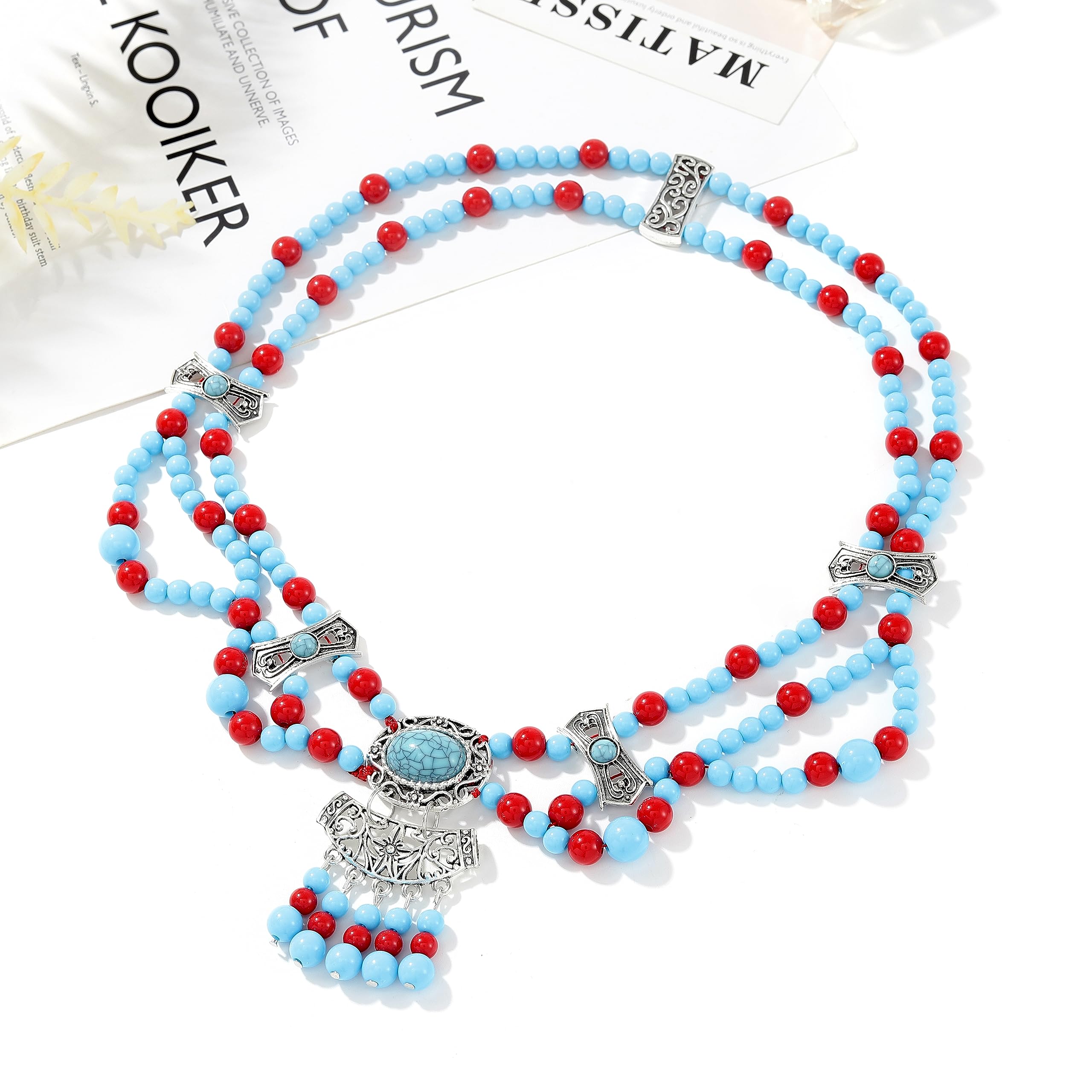 ✨Bohemian Turquoise & Brown Beaded Headchain Wood Turquoise Blue Brown Mens Beaded Surfer Necklace  main image 2