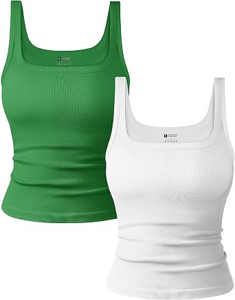 OLCHEE Womens 2PK Square Neck Tank Tops Seamless Ribbed Trendy Going Out Basic Shirts 2025 Summer Slim Fit Cami