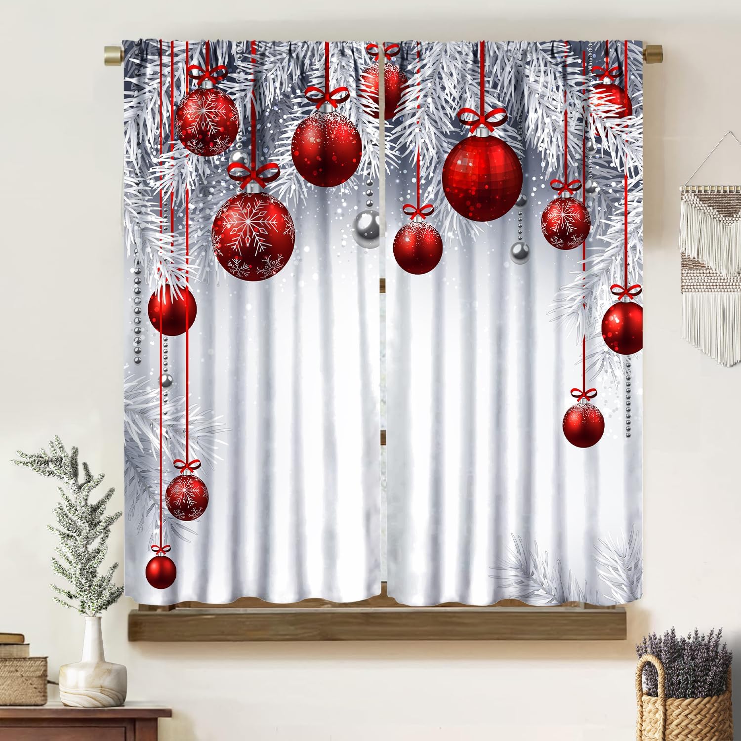 Vintage Classic Christmas Curtains, Snowy Pine Branch with Red Xmas Ball, Blackout Rod Pocket Window Treatments for Living Room Bedroom Kitchen 42x45 Inch 21"W x 45"L (Pack of 2) Zc-christmas-9-g