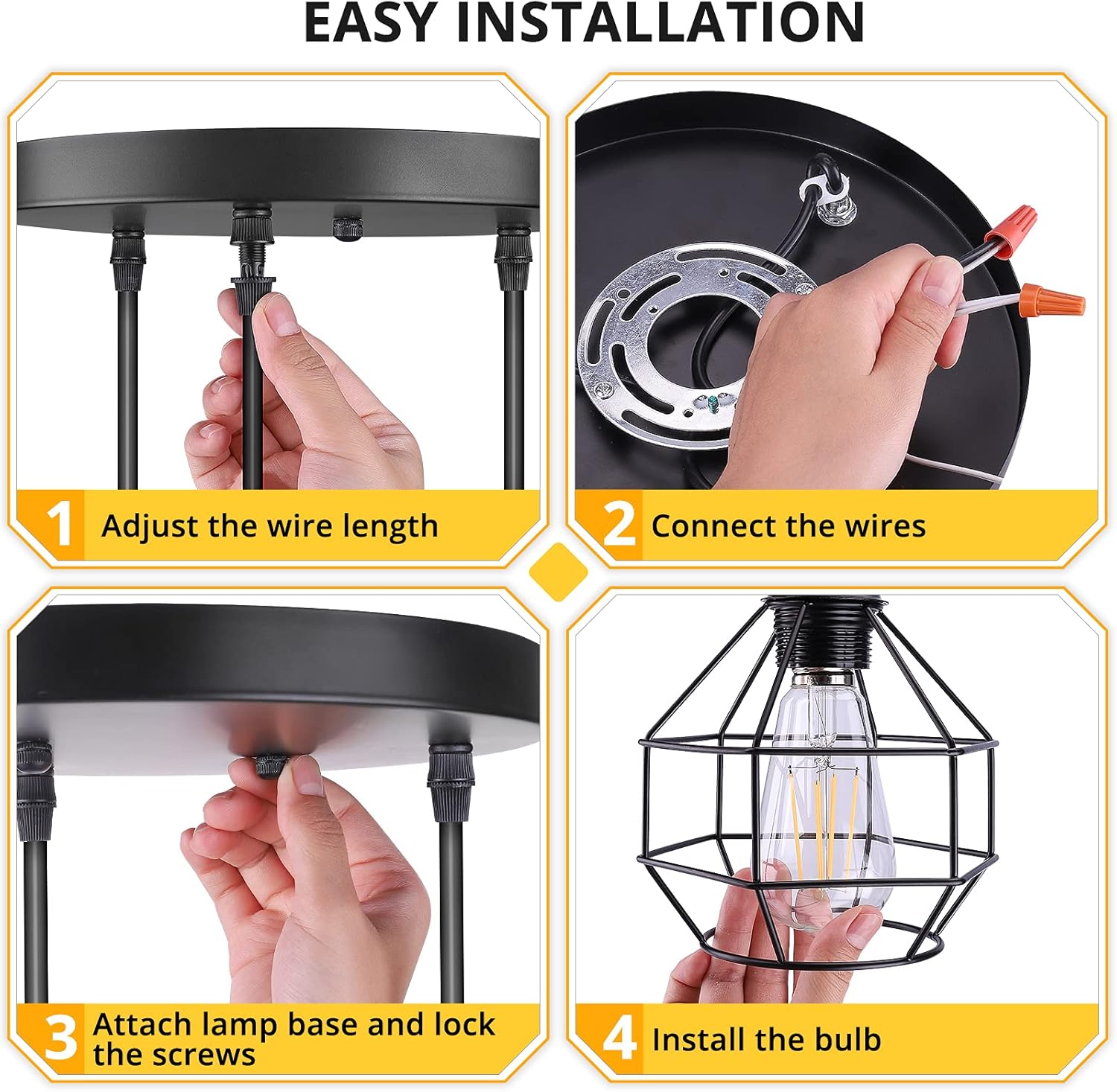 3-Light Industrial Pendant Lighting, Adjustable Hanging Pendant Light Fixtures, Vintage Black Metal Caged Pendant Light, Farmhouse Hanging Ceiling Light for Kitchen Island Dining Room Bedroom Hallway - - 