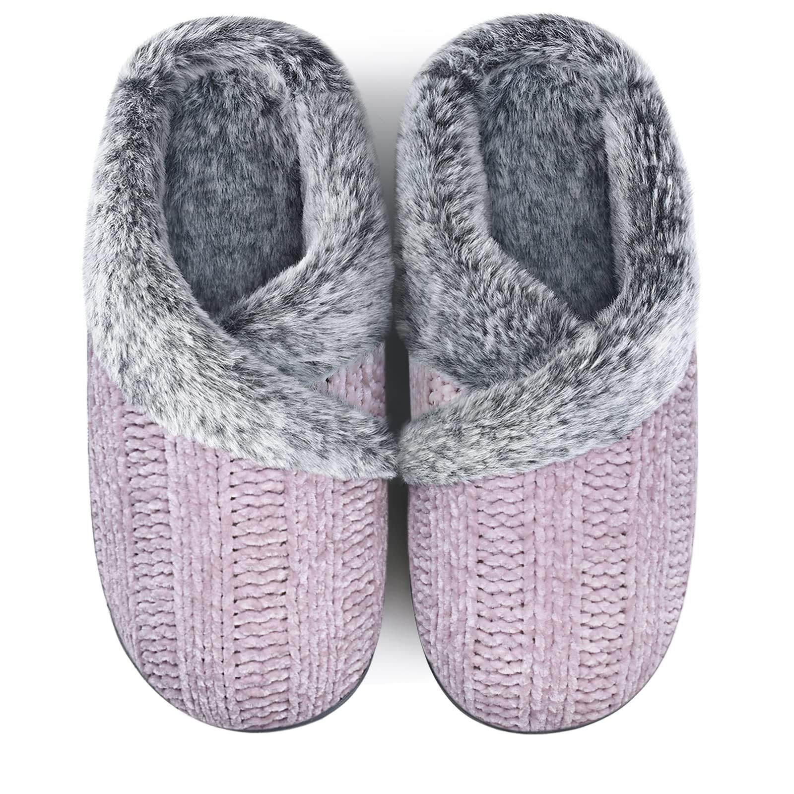 Slippers for Women Fuzzy House Slip on Indoor Outdoor Bedroom Furry Fleece Lined Ladies Comfy Memory Foam Female Home Shoes Anti-Skid Rubber Hard Sole