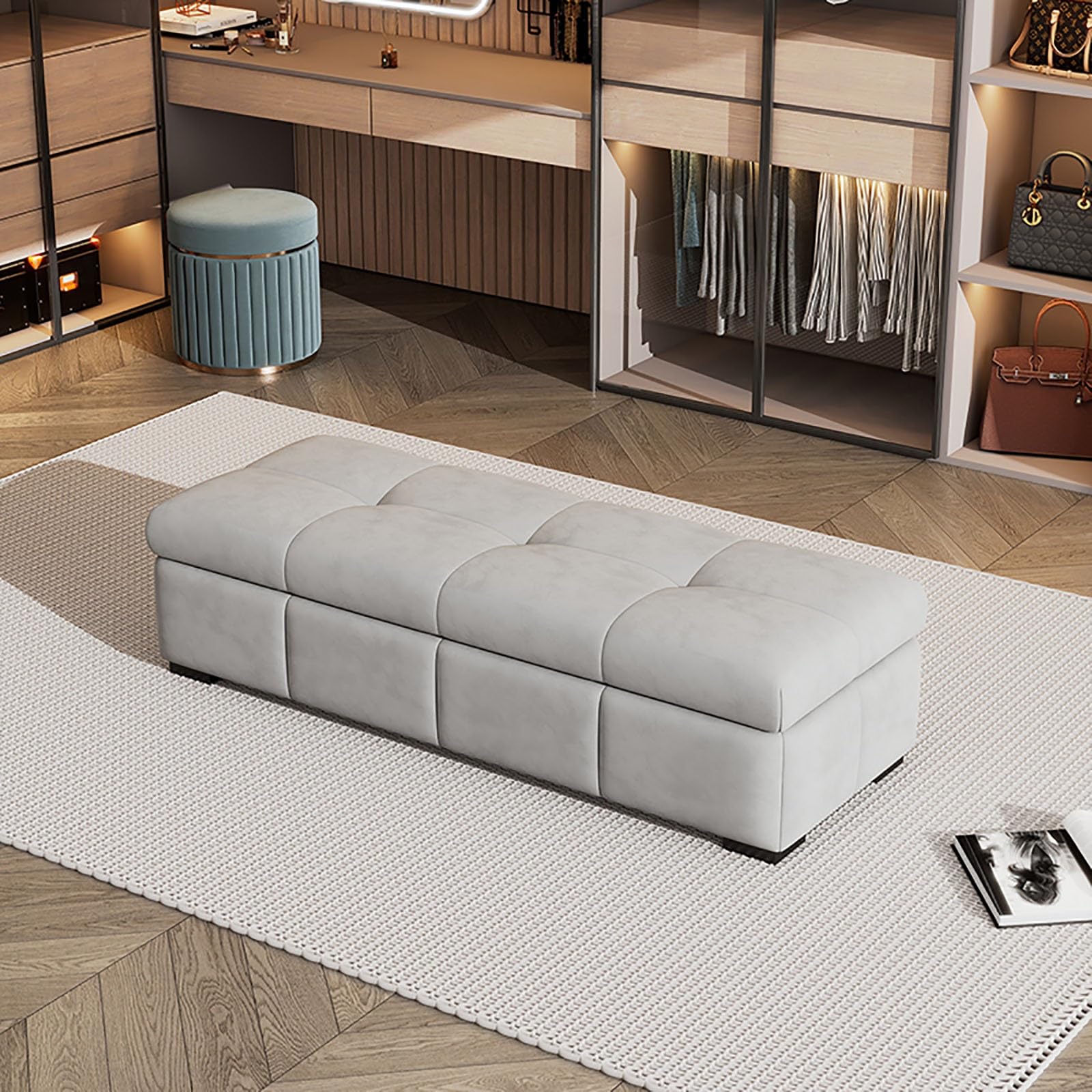 Banc de rangement gris pour couloir pour éliminer le désordre des chaussures