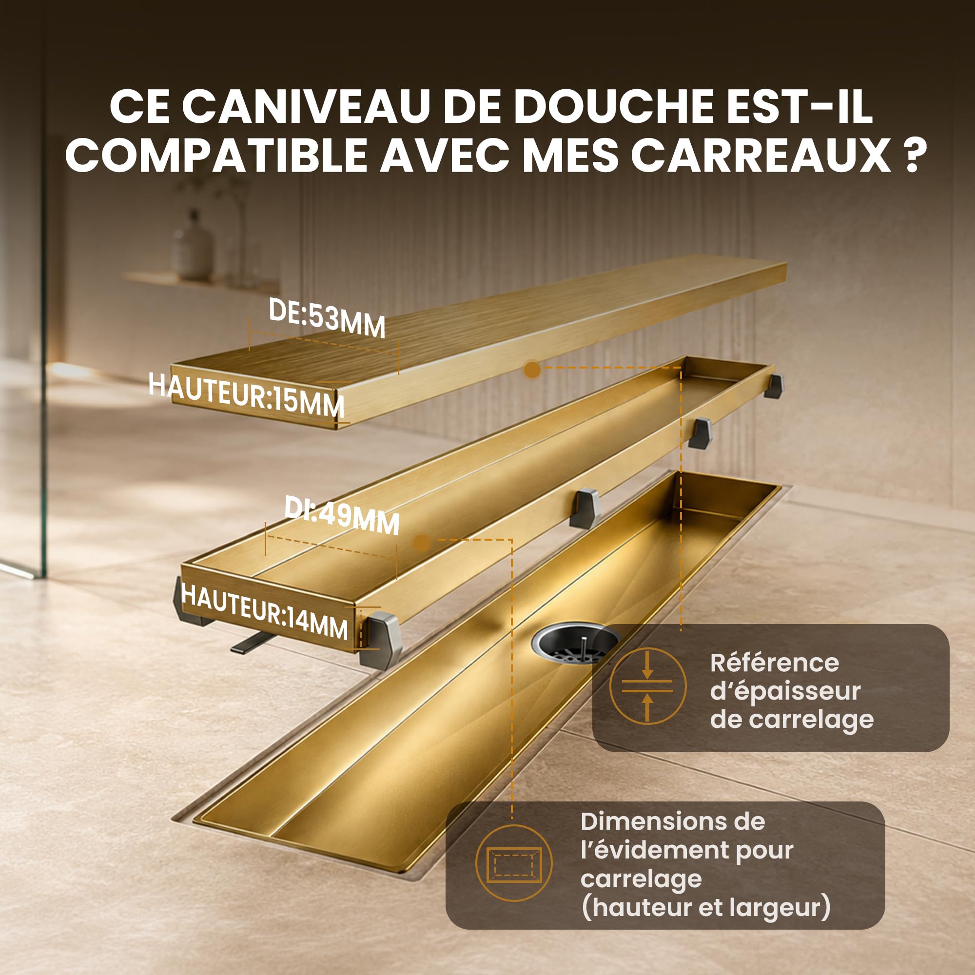 Caniveau Douche Italienne Doré 50 cm | Carrelable avec 360°Siphon Anti-Odeurs, Filtre à Cheveux et Design Sans Seuil pour Douche Italienne,Acier Inoxydable AISI 304