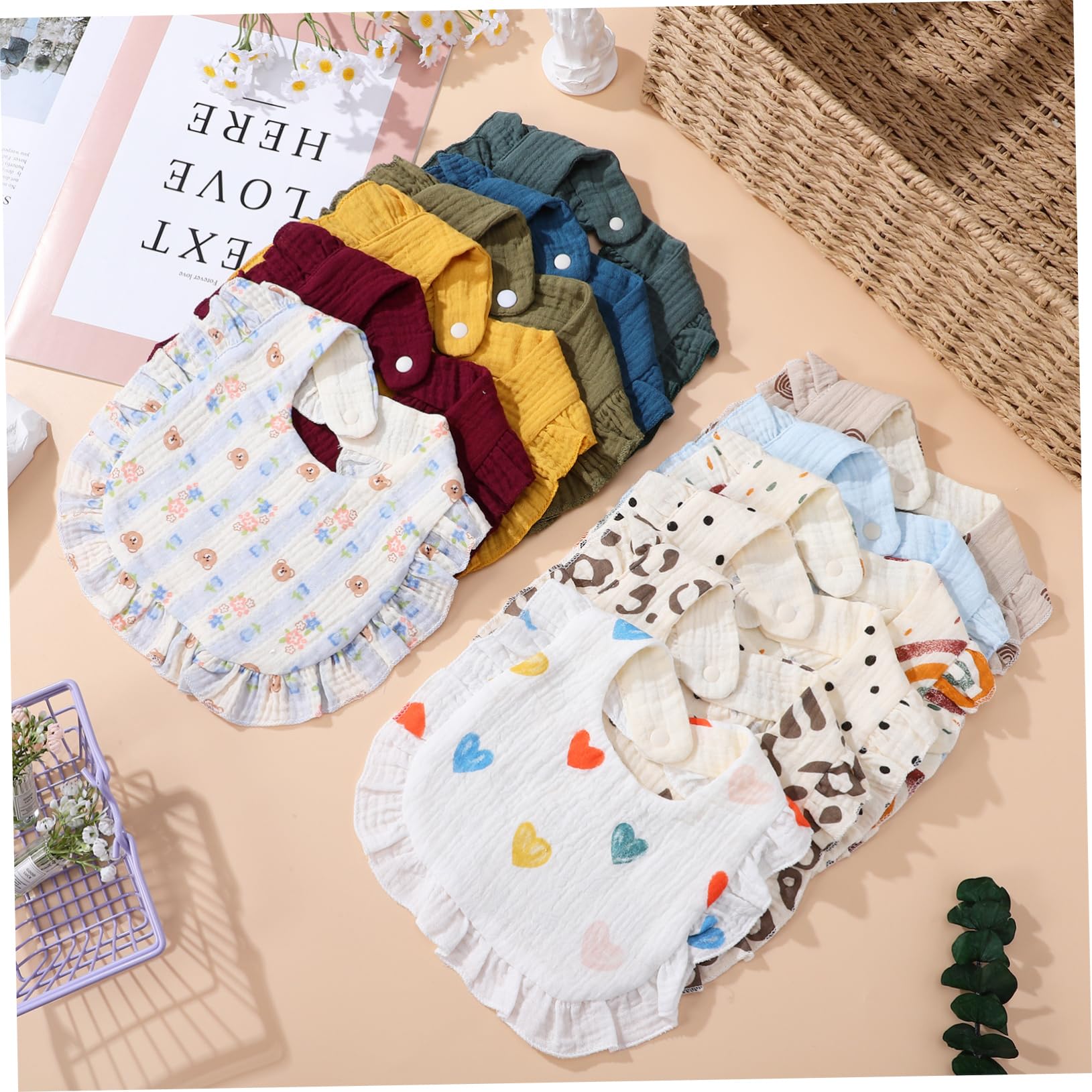 12 Stück Spucktücher Baumwolle Muslin für Kleinkinder Saugfähige Dreieckstücher mit Druckknopfverschluss Unisex Vielseitige Designs für Neugeborene und Kleinkinder