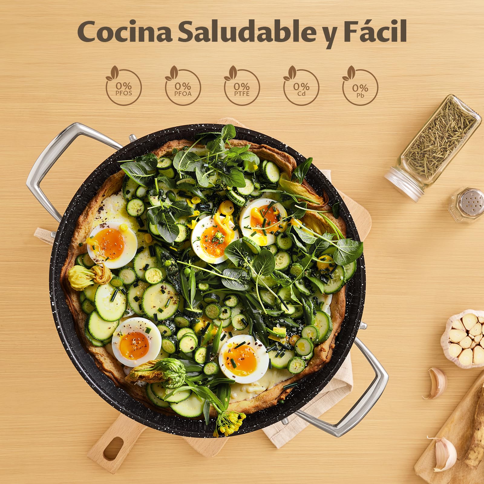 BEZIA Cacerola Baja Inducción 5.2 L Acero Inoxidable 18/10 Tapa Cristal | Bordes altos, todo tipo de cocinas, horno, Cerámica antiadherente sin PTFE, ideal para guisar, freír, asar y cocinar a diario