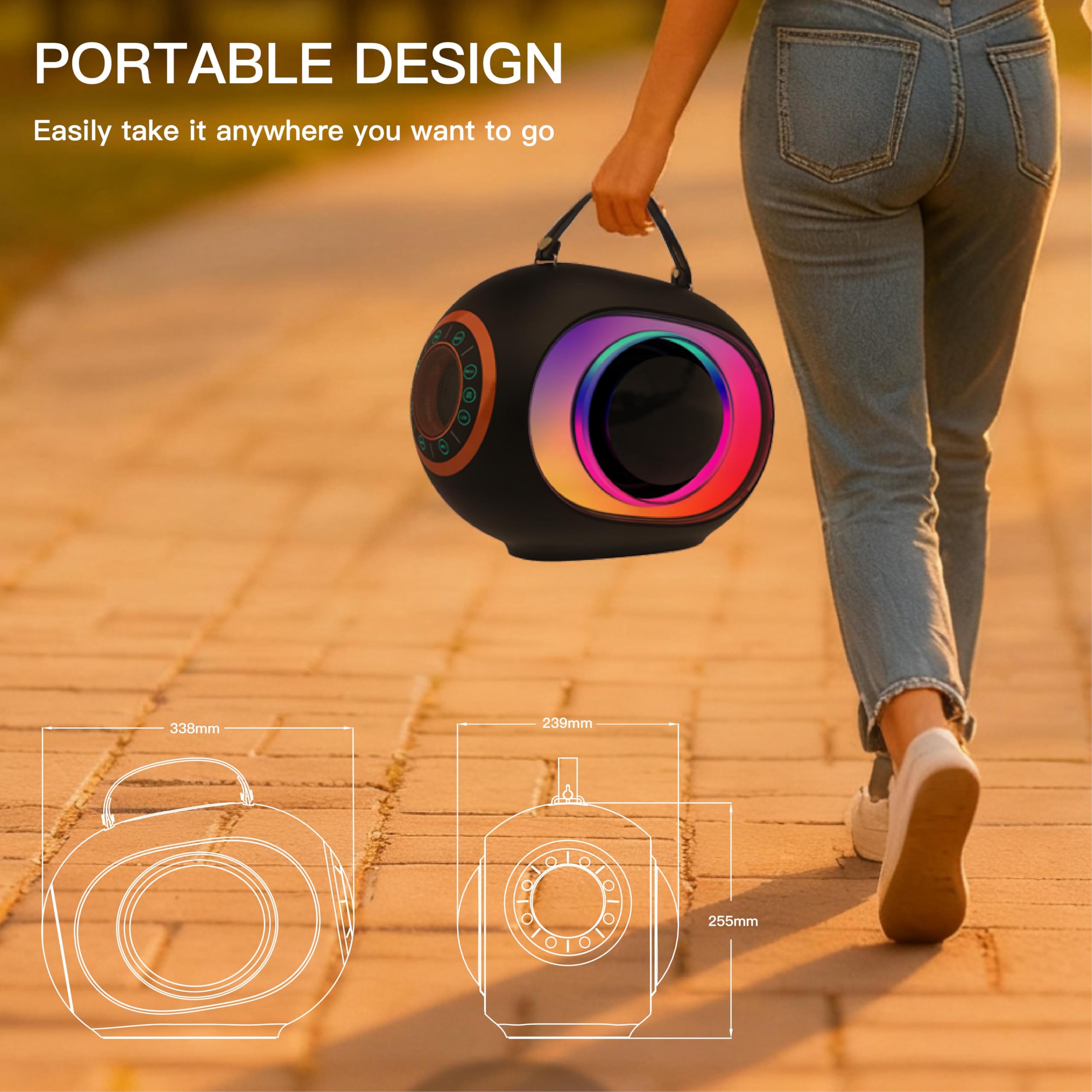 Máquina de karaoke, altavoz Bluetooth con radiadores pasivos visualizados duales, 2 micrófonos y sistema PA y luz de discoteca, bajos/agudos/eco, soporta TV/TF/USB/AUX/Live para fiestas en casa, al