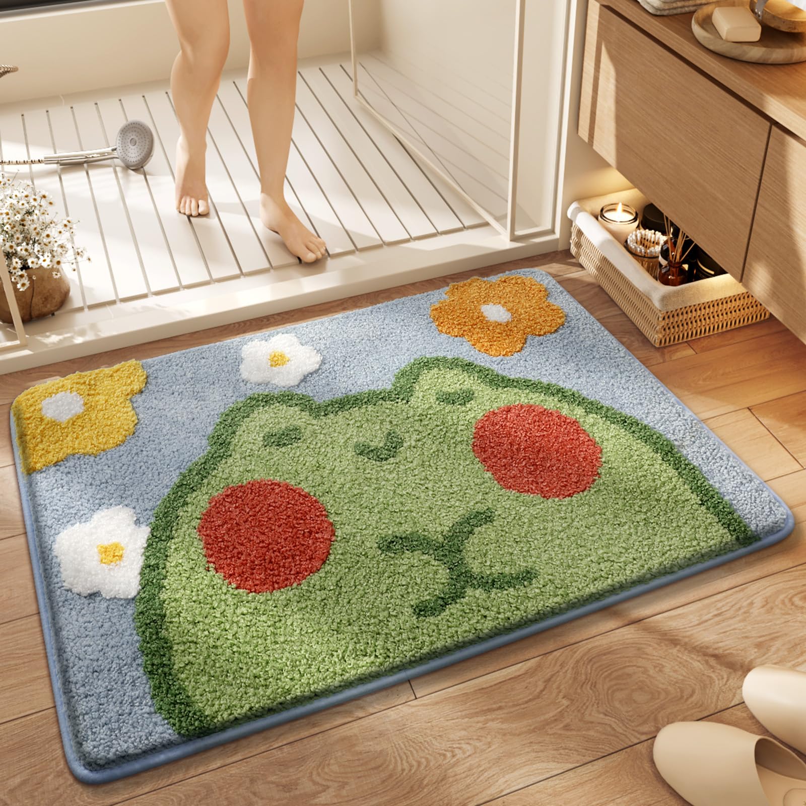 Ankah Bath Mat Cute Shower Rug, Luxury Shaggy High Absorbent and Anti Slip, Machine Washable Fit for Bathtub, Shower and Bath Room, 17.71"x 25.59", Flower Frog Flower Frog 1'6" x 2'2" (Rectangular)