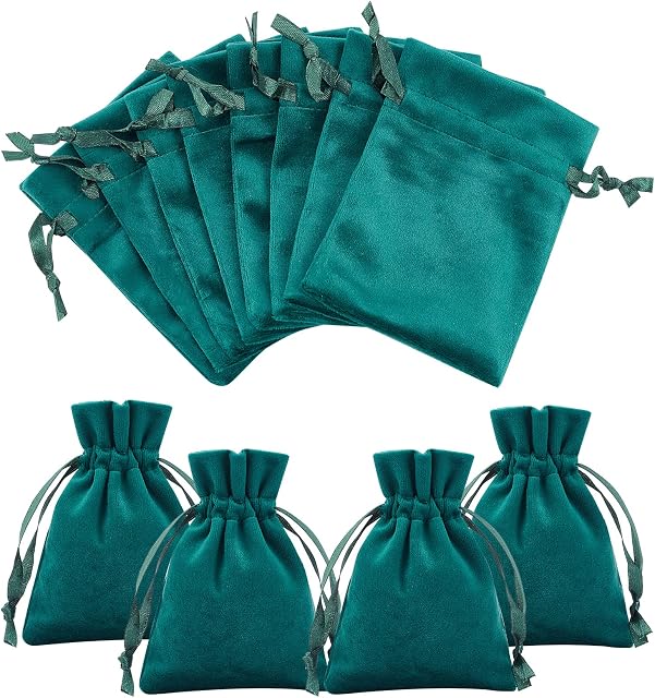 NBEADS 12 Pcs Dark Green Velvet Bags, 12x9 cm Drawstring Jewelry Pouches Rectangle Gift Bags for Wedding Candy Bags Party Favors