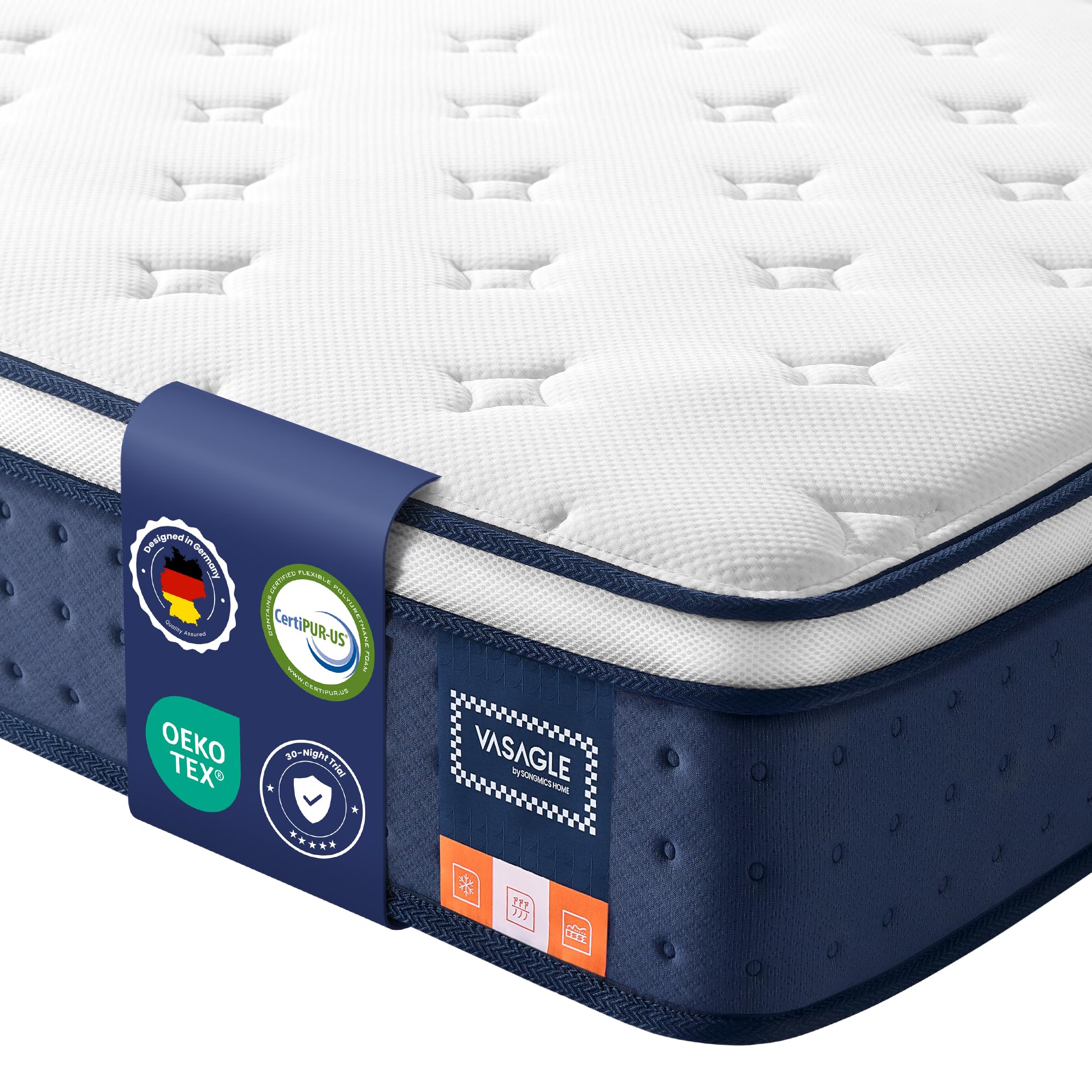 VASAGLE King Mattress 150 x 200 x 25 cm, Hybrid Pocket Spring and Gel Memory Foam King Bed Mattress, Medium Firm, 7-Zone Support, Edge Support, Motion Isolation, Breathable Cover, Blue RMZ227QZ02