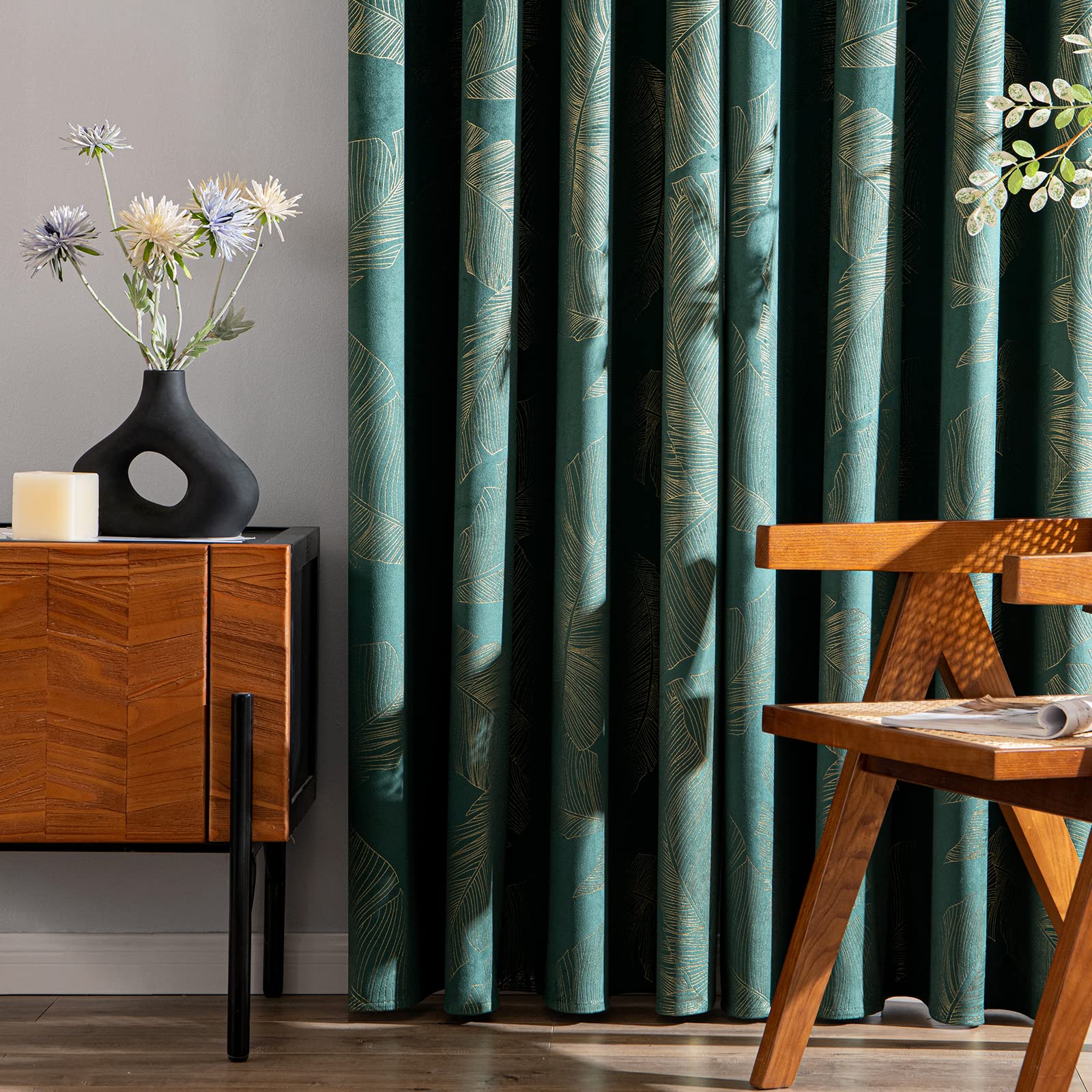 MIULEE Cortinas de Terciopelo con Estampado de Hojas de Oro, Verde, 2 Piezas, 140 x 245 cm (An x L), Elegante Decoración de Dormitorio, Suave