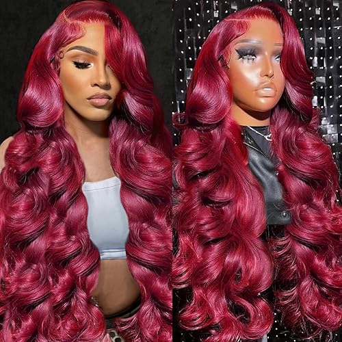 99j Burgundy Lace Front Wigs Human Hair 13x4 HD Transparent Body Wave Lace Front Wigs Human Hair Pre Plucked 180% Density Glueless Wine Red Human Hair Wigs for Women (24)