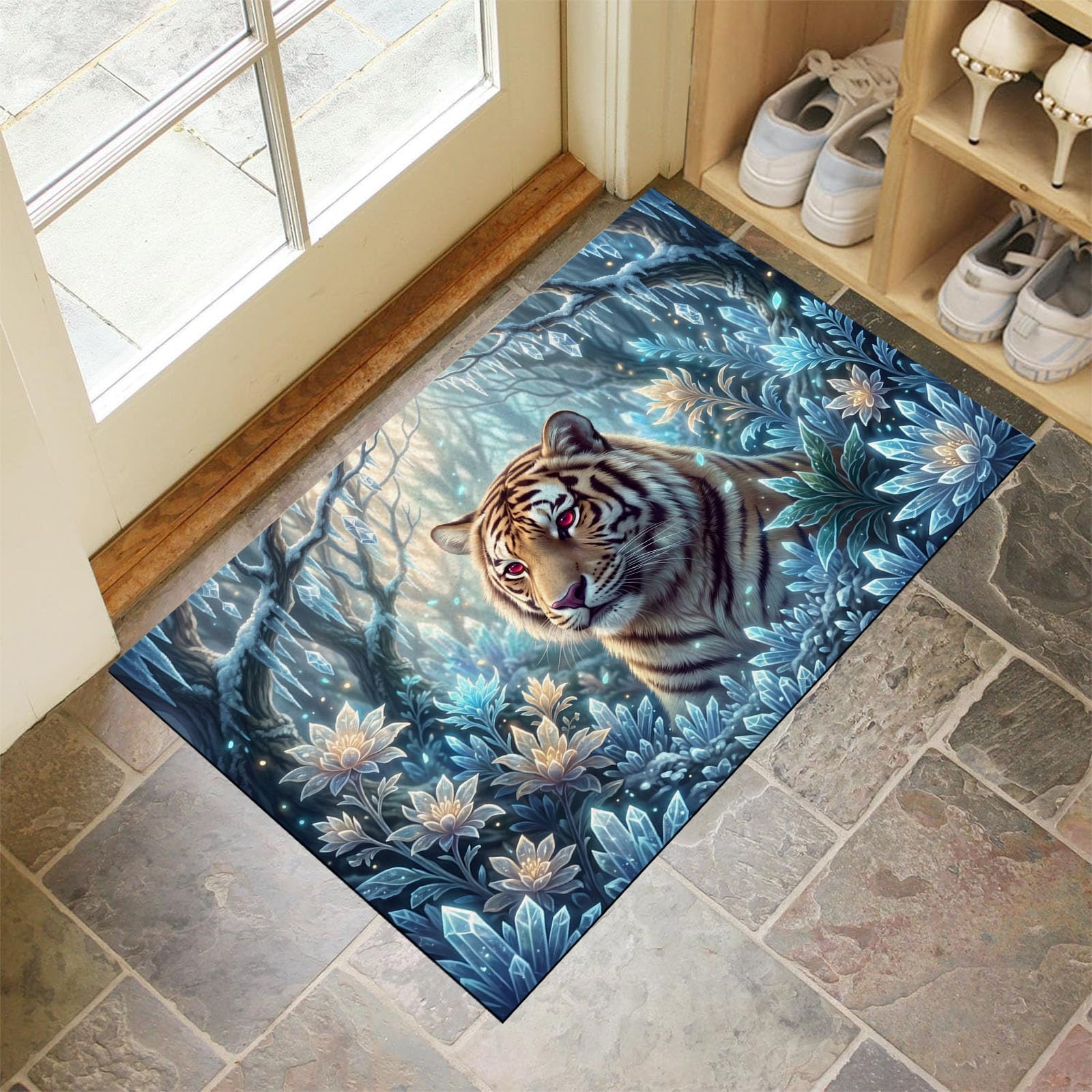 Zerbino Ingresso Interno Tigre Fantastica Animale, Zerbino Di Benvenuto Lavabile Morbida Foresta Di Fiori Di Cristallo, Antiscivolo Tappeto Da Decorazioni Blu Per Casa Porta, 60X90Cm