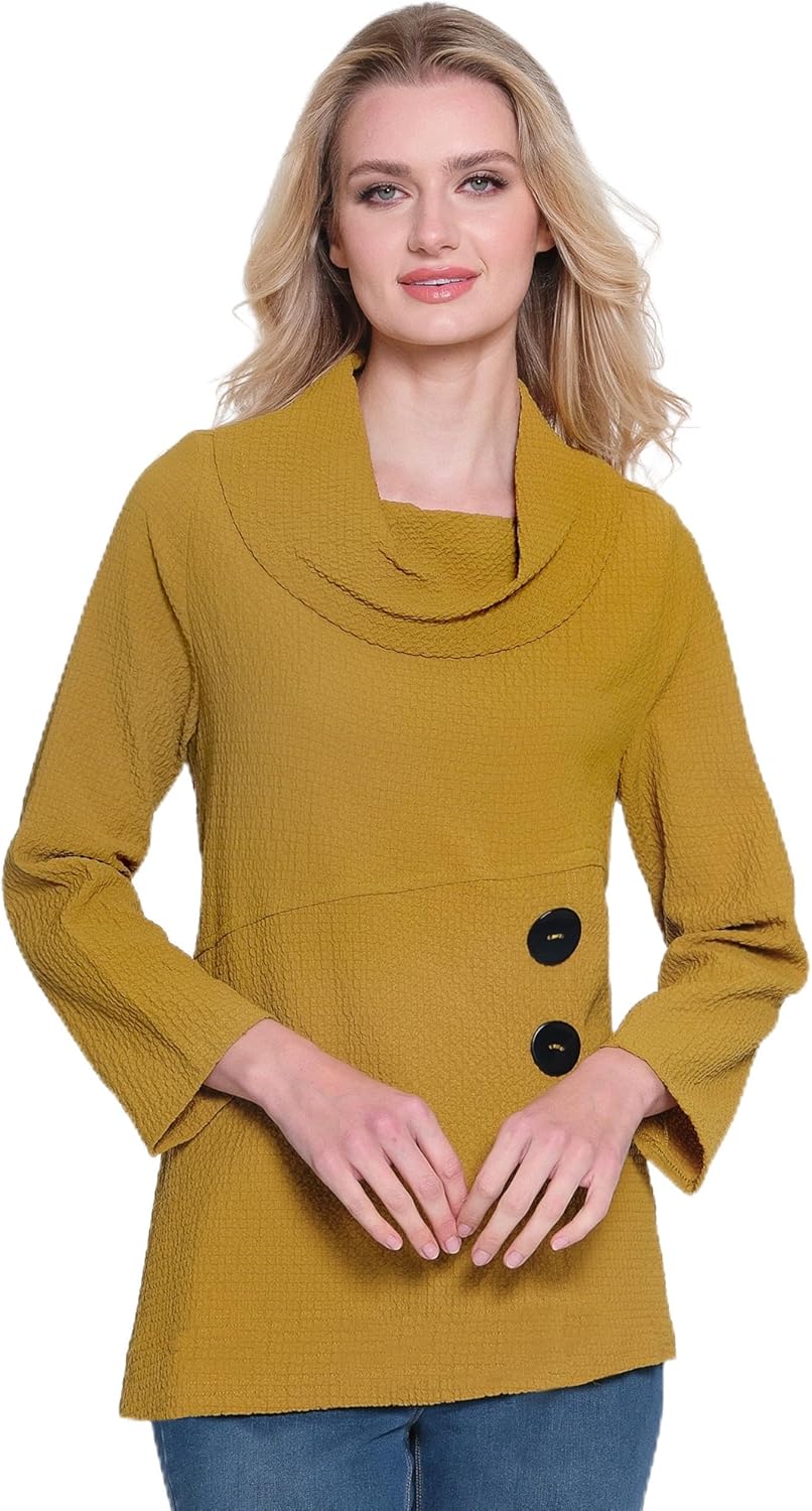 Ali Miles womens Woven Pucker Fabric Tunic Cowl Neck Button Details