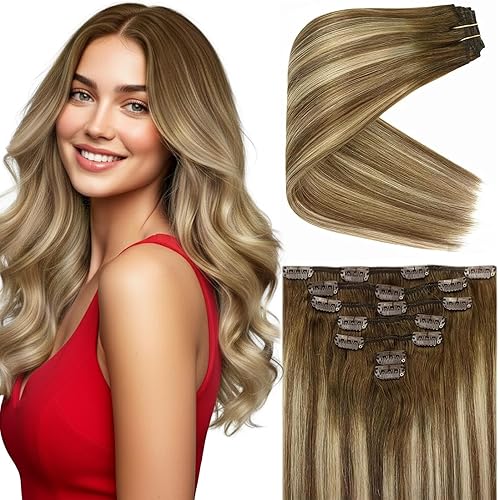 Ve Sunny Real Hair Extensions Clip in Human Hair Balayage Ombre Clip on Hair Extensions Light Brown Mix Platinum Blonde Remy Hair Extensions for Women 20 inch 120g 7pcs