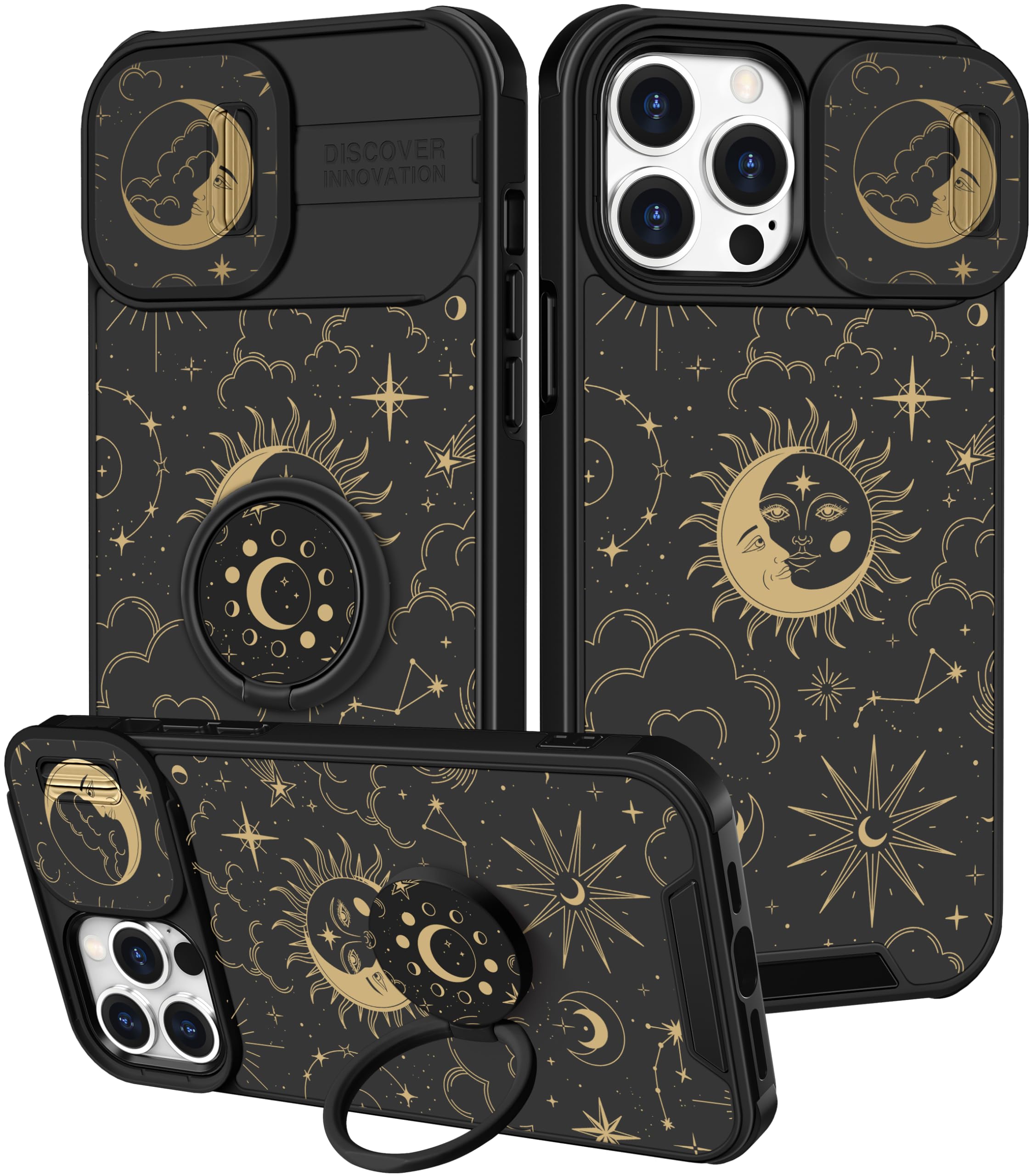 Pegmode (2in1 for iPhone 12 Case/iPhone 12 Pro Case for Women Sun Moon Cute Girls Phone Cases Aesthetic Pretty Stars Design with Camera Cover+Ring Holder Cool Luxury for Apple 12/12 Pro Cover 6.1''
