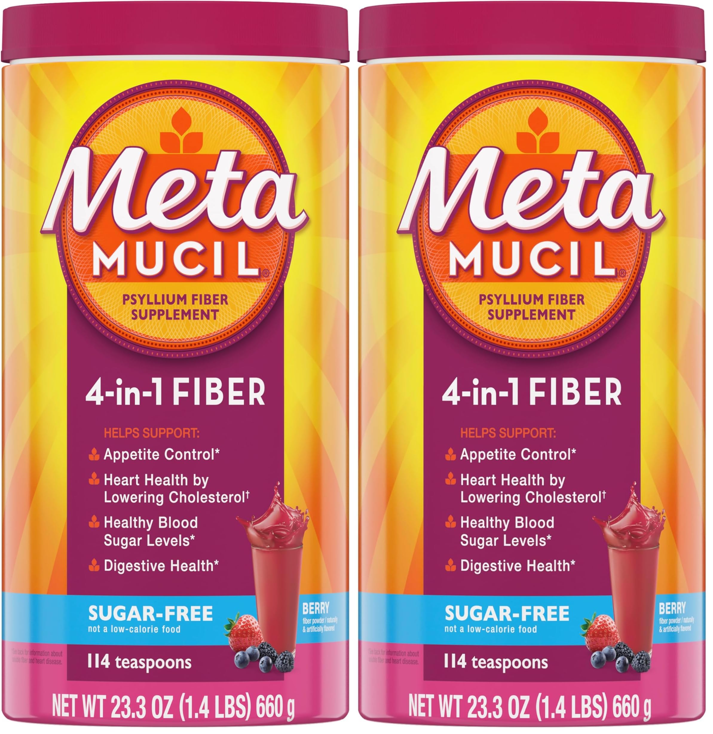 Metamucil,4-in-1 Fiber Supplement,Psyllium Husk Powder,Sugar-Free Powder,Berry Flavored Drink,114 Servings,(Pack of 2) 1.45 Pound (Pack of 2)